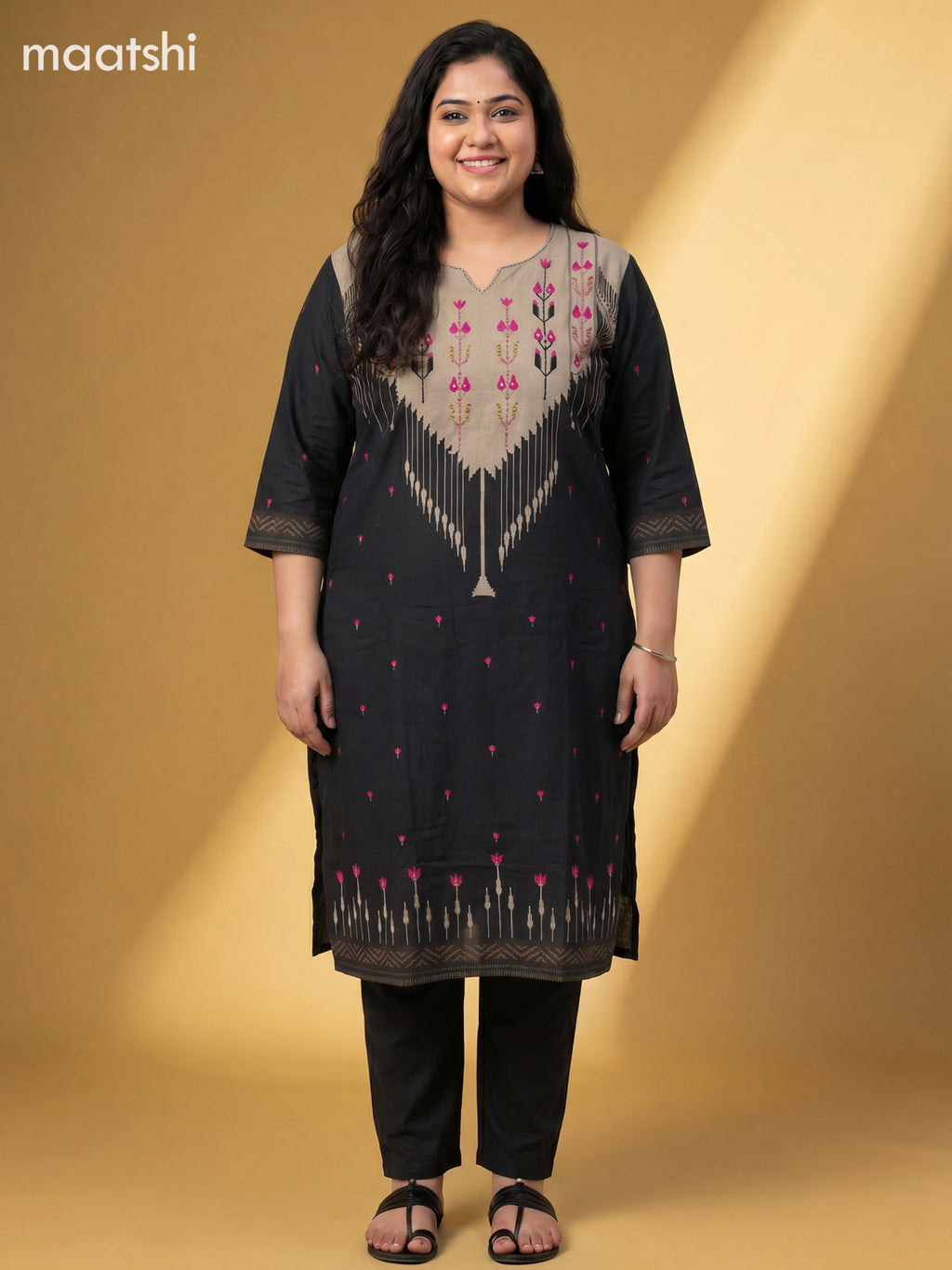 Beige and Black Cotton Printed Salwar Suits