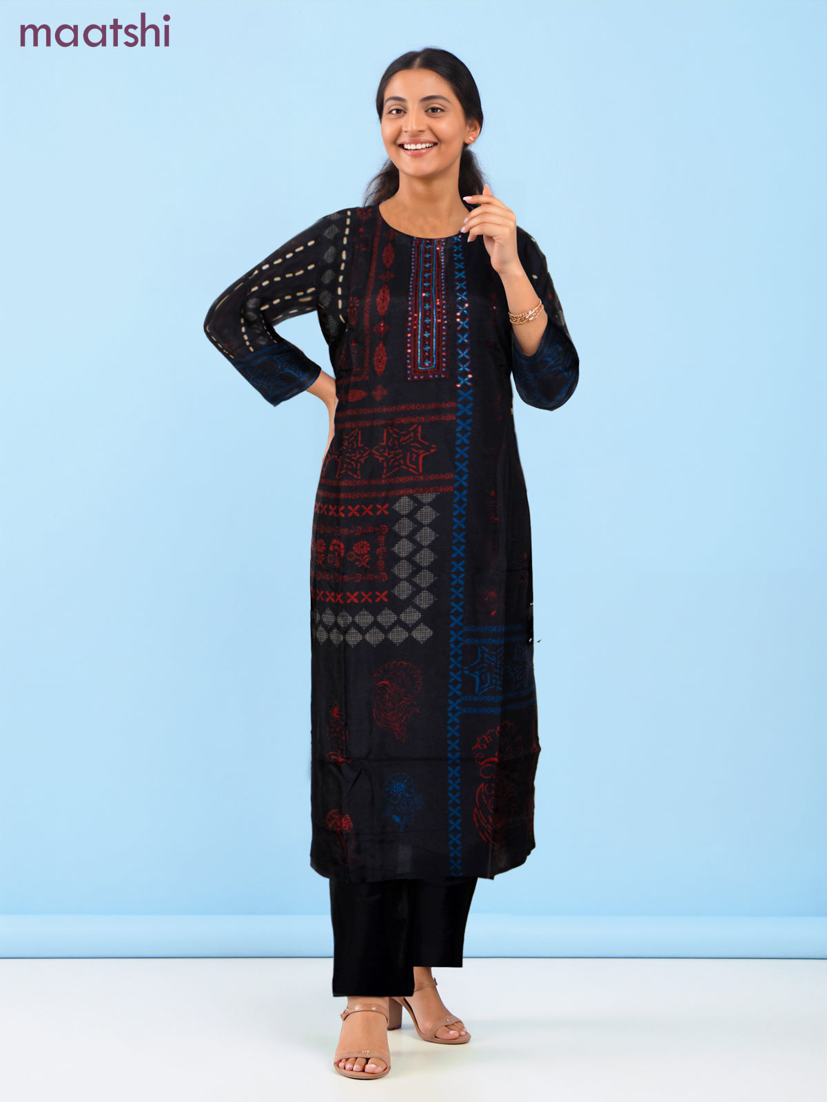 Modal salwar suit black with allover prints & sequin beaded work neck pattern and straight cut pant & dupatta