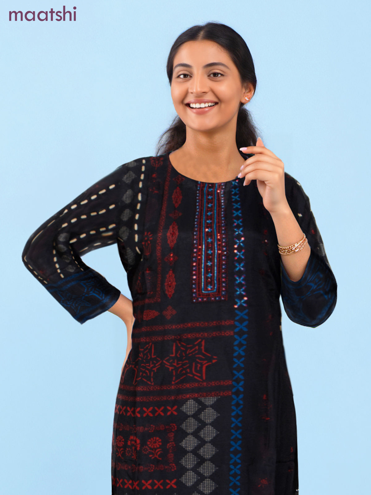 Modal salwar suit black with allover prints & sequin beaded work neck pattern and straight cut pant & dupatta