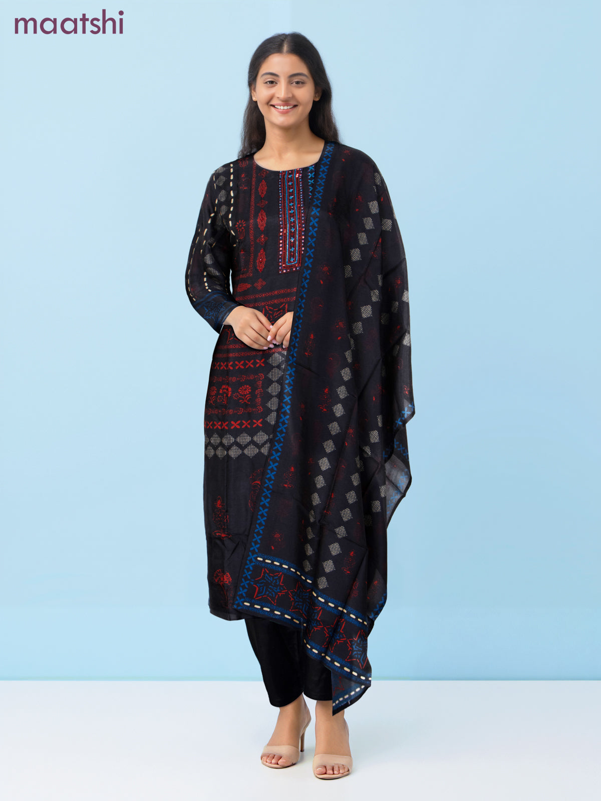 Modal salwar suit black with allover prints & sequin beaded work neck pattern and straight cut pant & dupatta