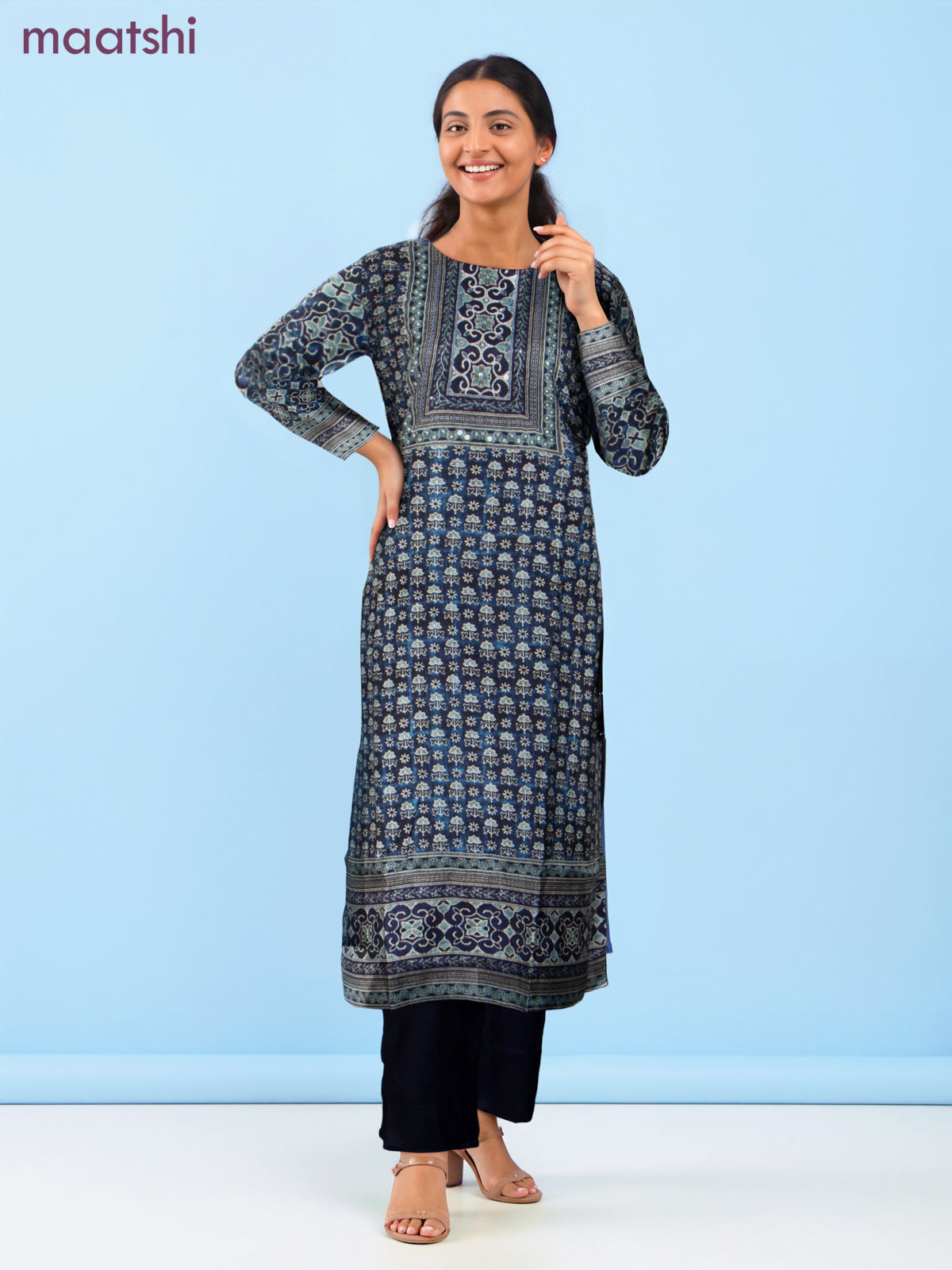 Muslin salwar suit navy blue with allover ajrakh prints & sequin beaded work neck pattern and straight cut pant & dupatta