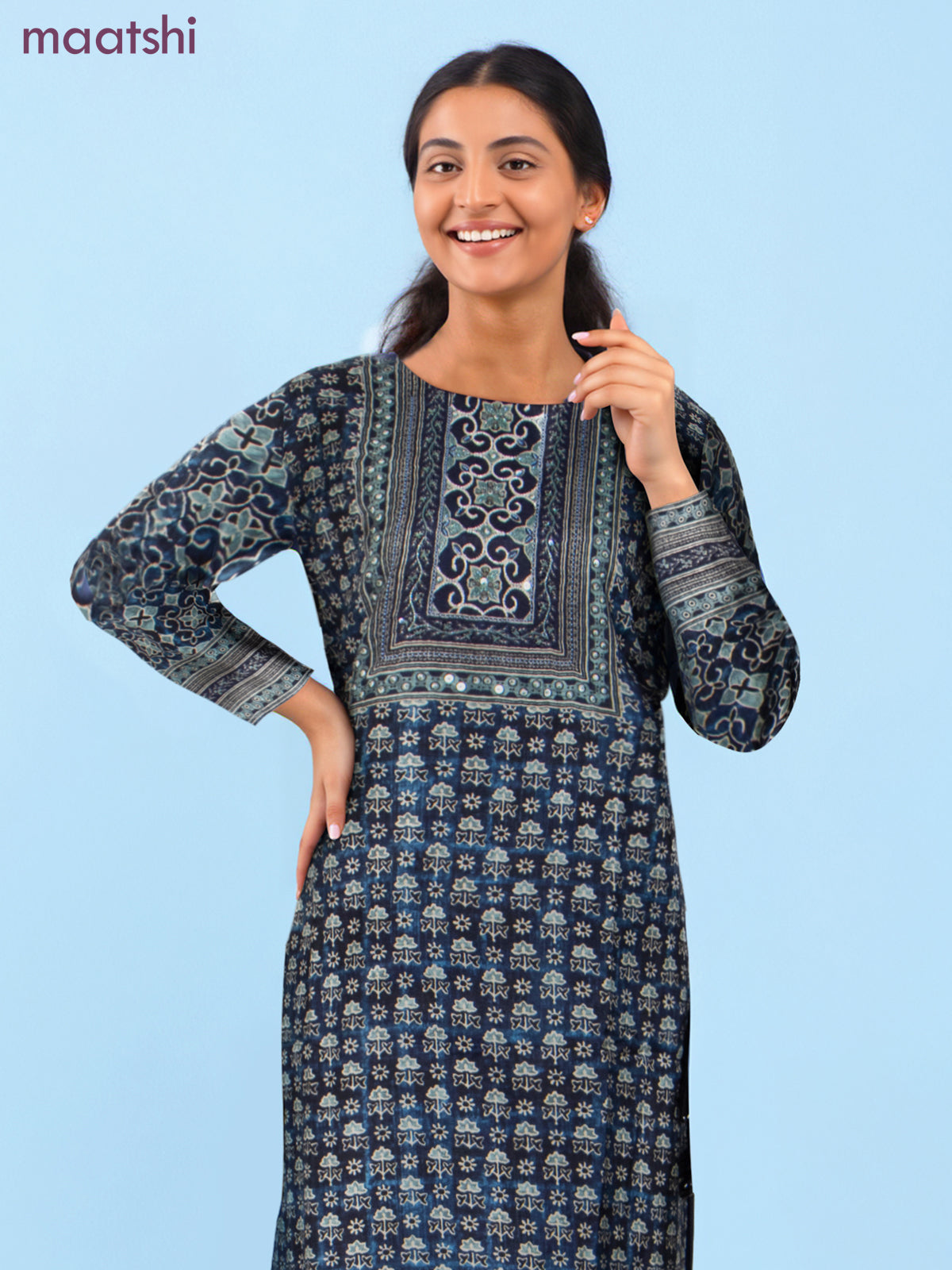 Muslin salwar suit navy blue with allover ajrakh prints & sequin beaded work neck pattern and straight cut pant & dupatta