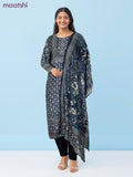Muslin salwar suit navy blue with allover ajrakh prints & sequin beaded work neck pattern and straight cut pant & dupatta
