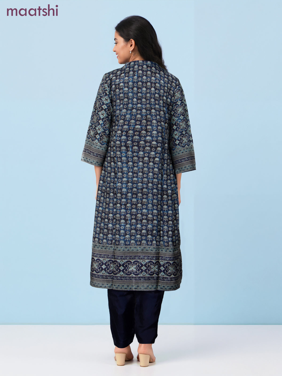 Muslin salwar suit navy blue with allover ajrakh prints & sequin beaded work neck pattern and straight cut pant & dupatta