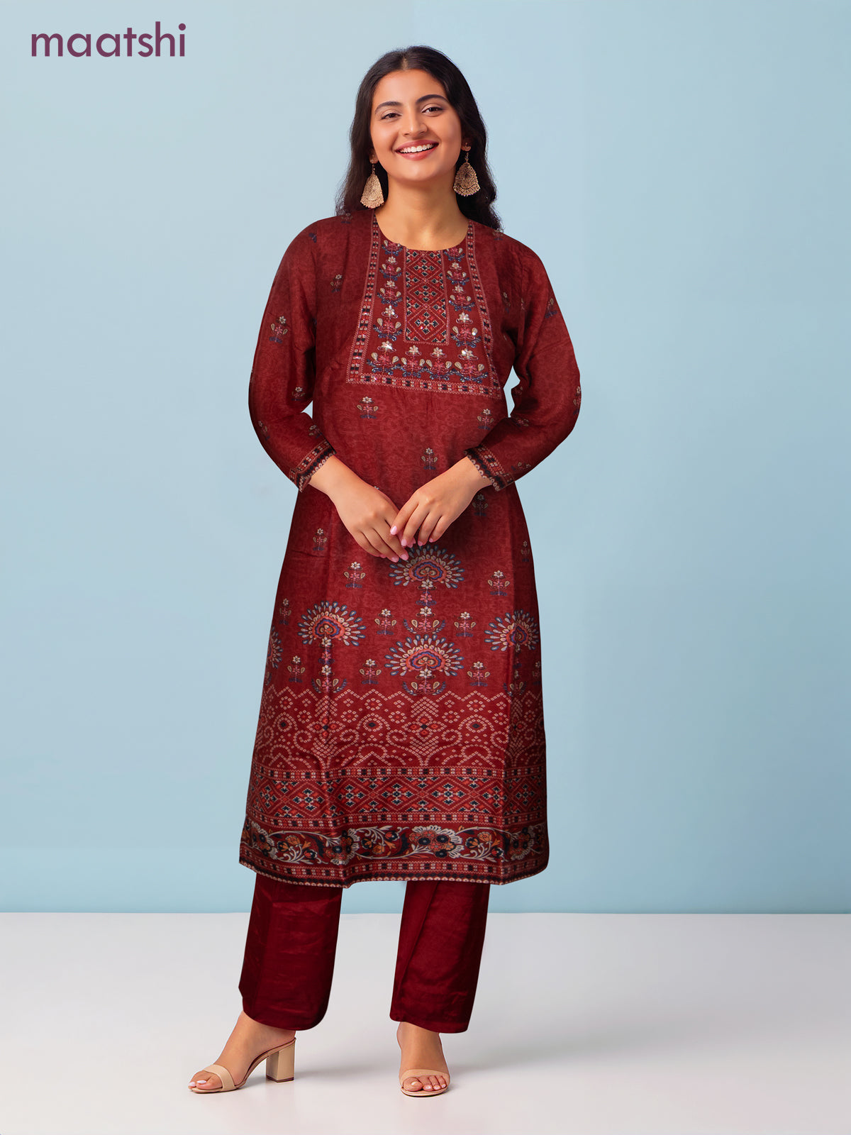 Modal salwar suit maroon with allover prints & sequin beaded work neck pattern and straight cut pant & dupatta