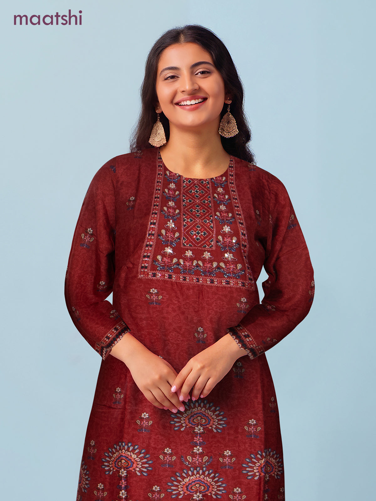 Modal salwar suit maroon with allover prints & sequin beaded work neck pattern and straight cut pant & dupatta