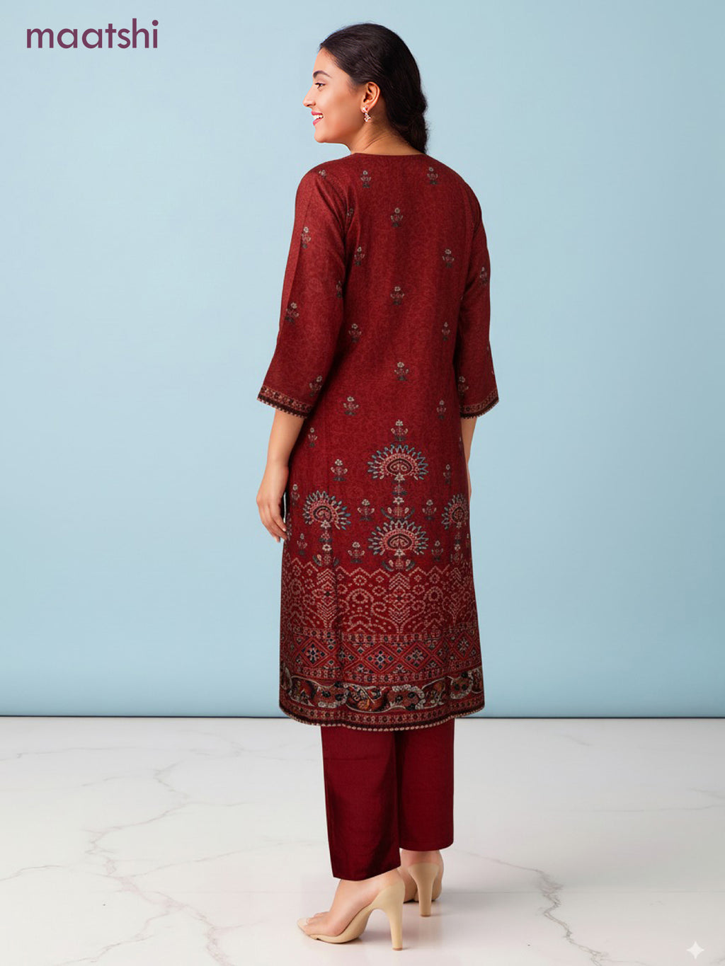 Modal salwar suit maroon with allover prints & sequin beaded work neck pattern and straight cut pant & dupatta