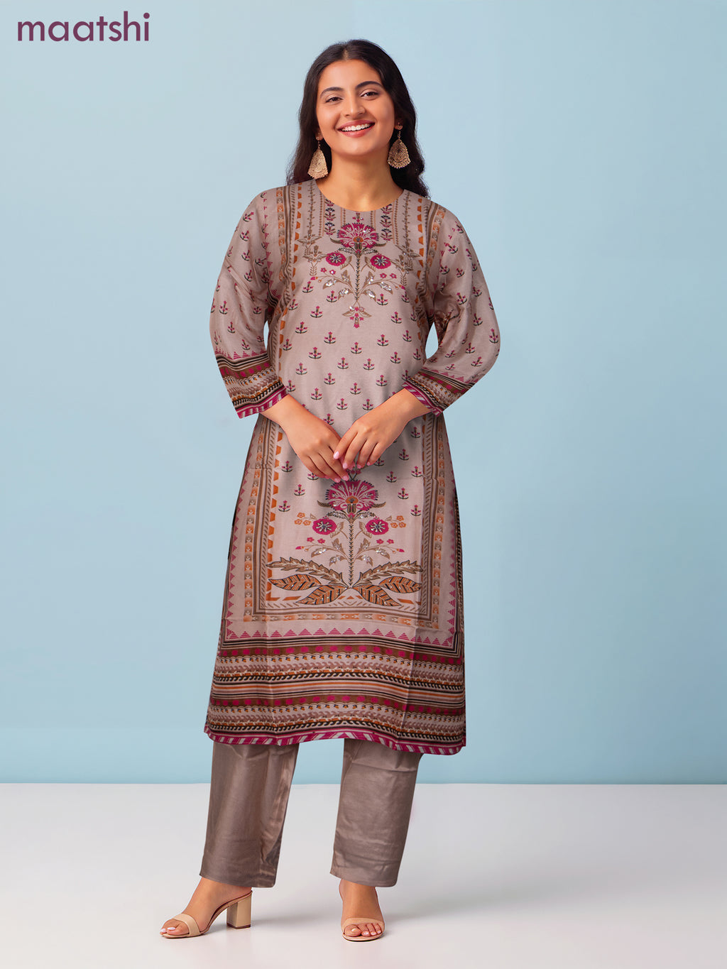 Muslin salwar suit peach shade with allover prints & sequin beaded work neck pattern and straight cut pant & dupatta