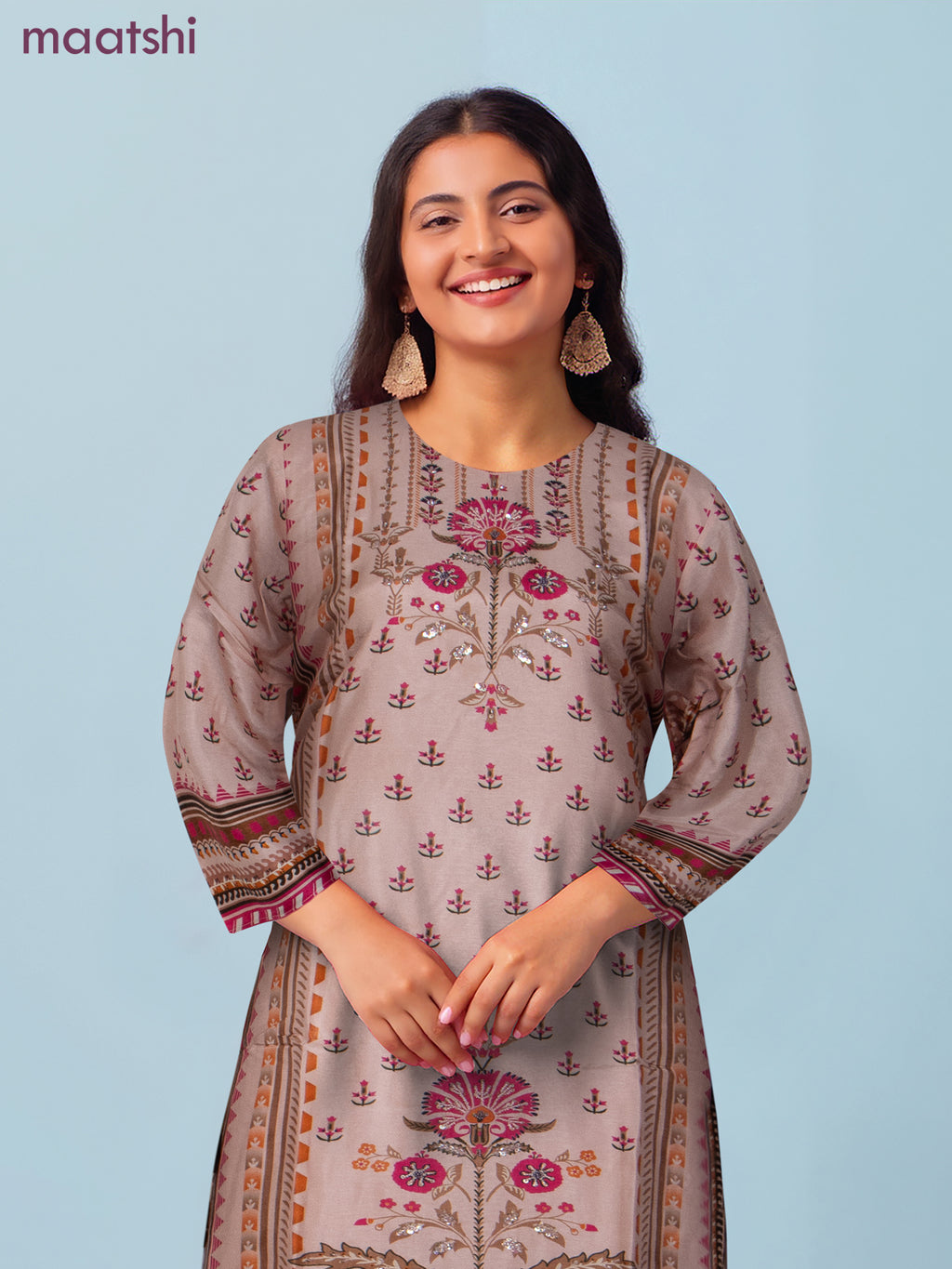 Muslin salwar suit peach shade with allover prints & sequin beaded work neck pattern and straight cut pant & dupatta