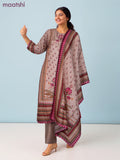 Muslin salwar suit peach shade with allover prints & sequin beaded work neck pattern and straight cut pant & dupatta