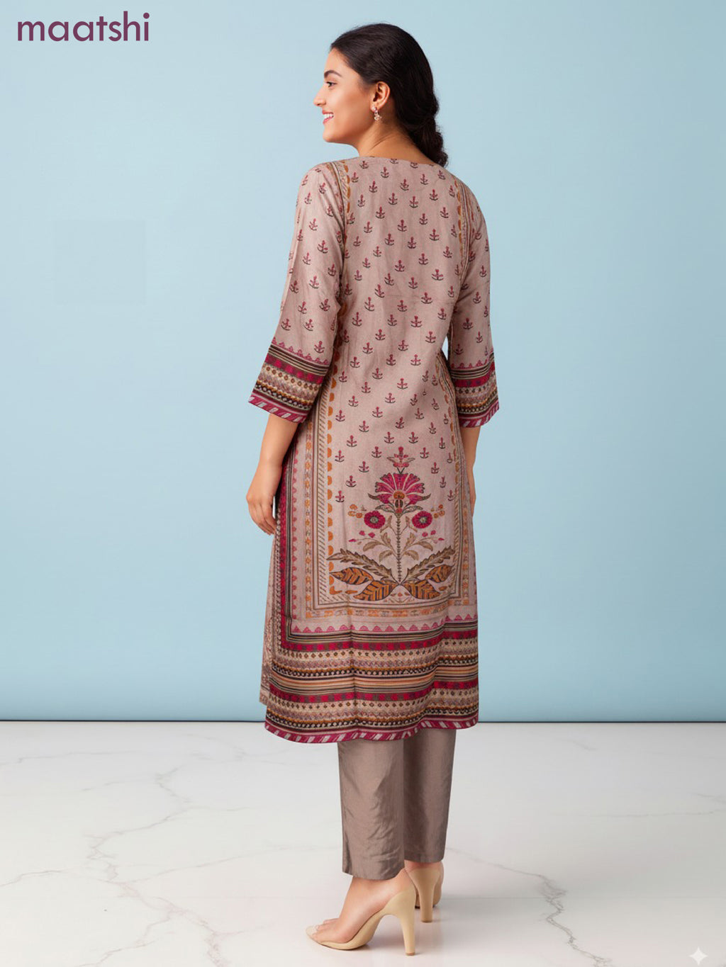Muslin salwar suit peach shade with allover prints & sequin beaded work neck pattern and straight cut pant & dupatta