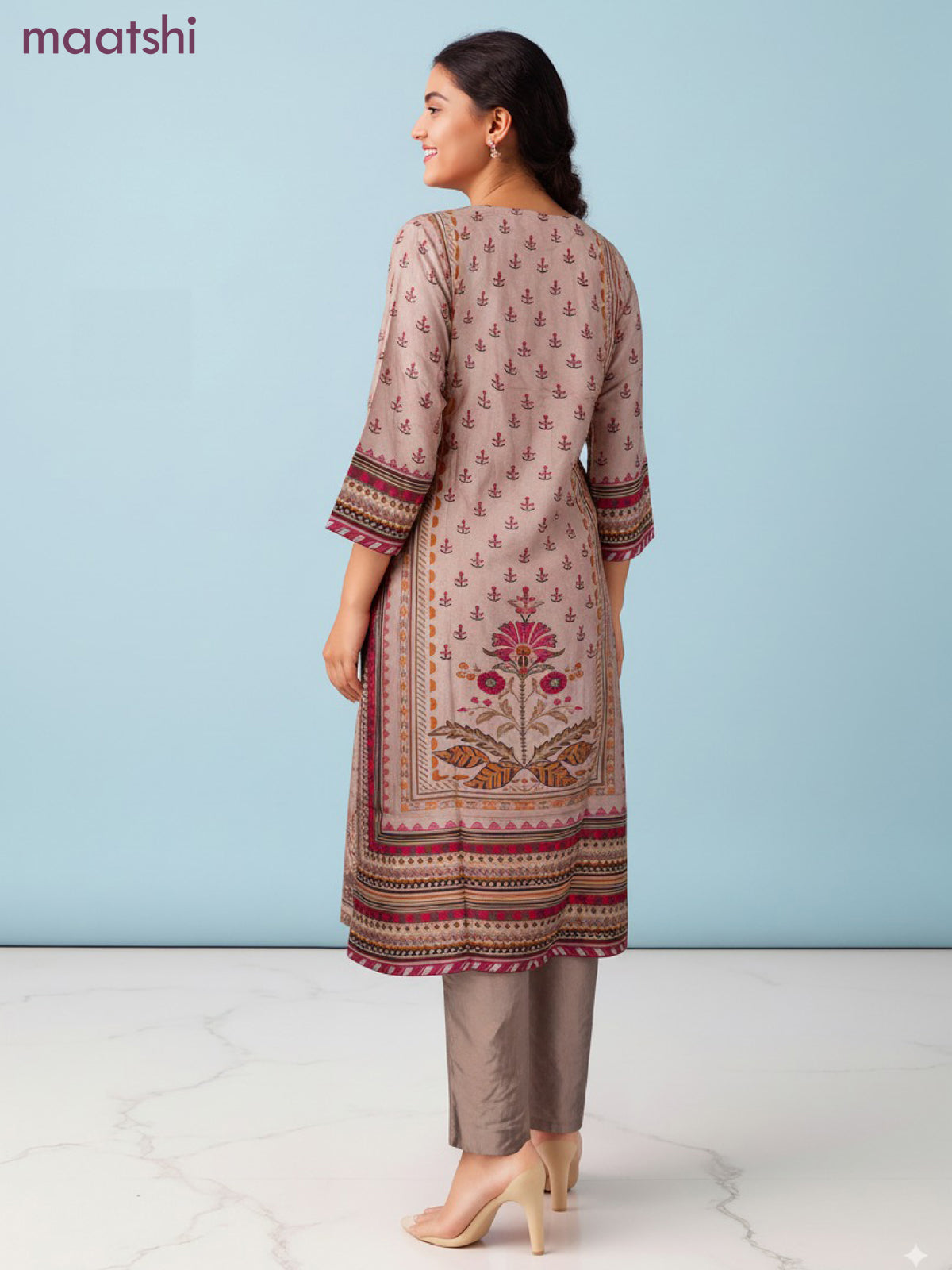 Muslin salwar suit peach shade with allover prints & sequin beaded work neck pattern and straight cut pant & dupatta
