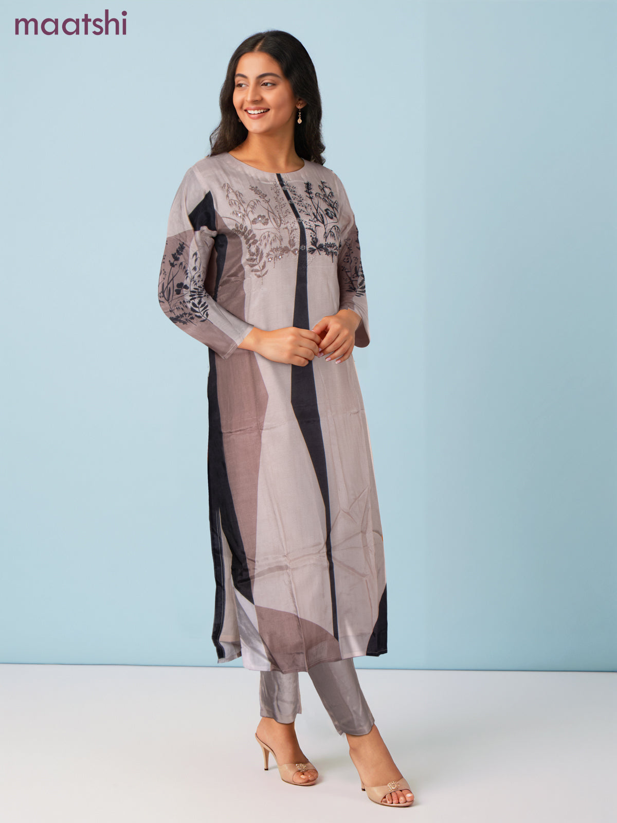 Muslin salwar suit mild peach shade with prints & sequin beaded work neck pattern and straight cut pant & dupatta