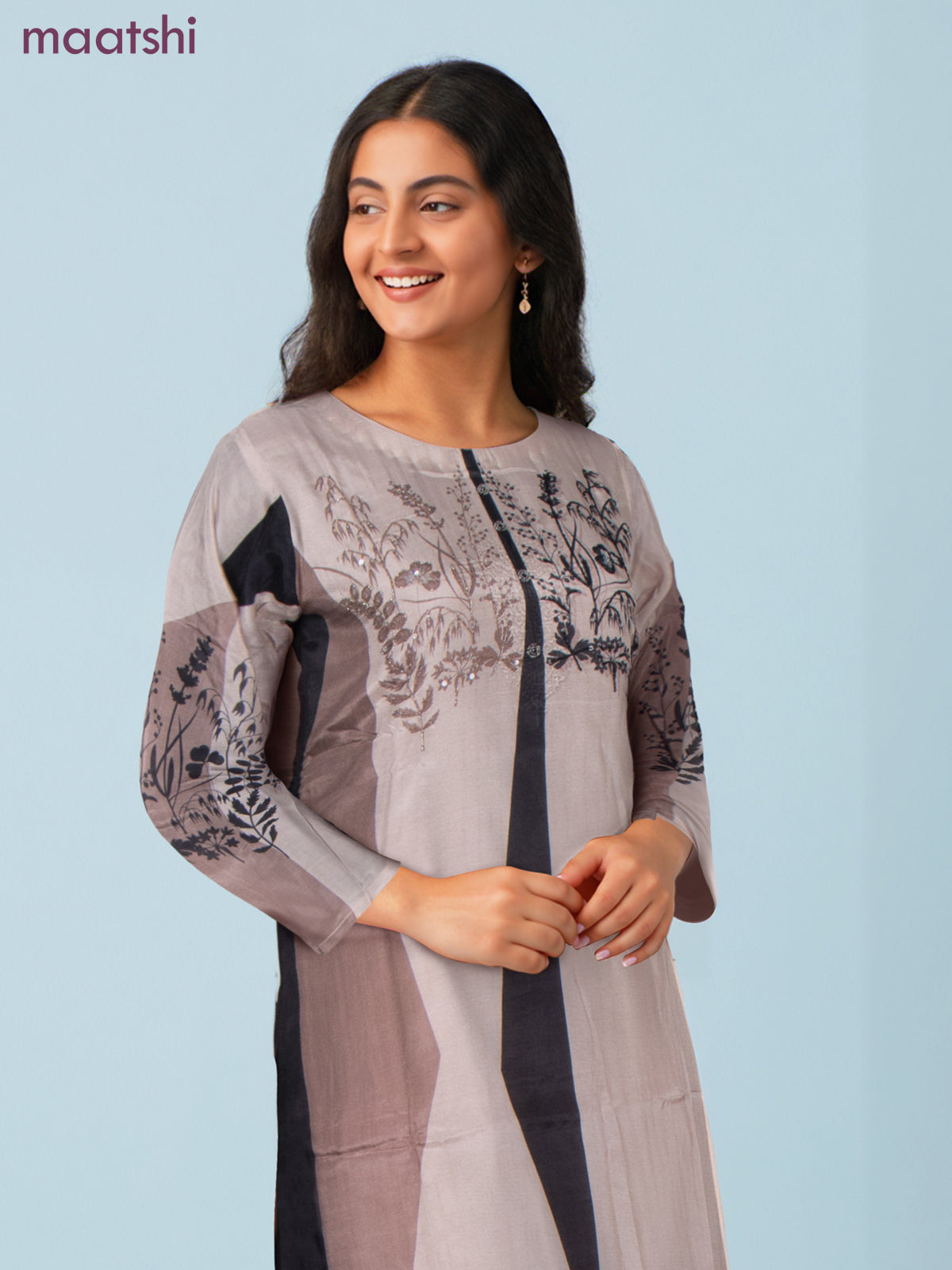 Muslin salwar suit mild peach shade with prints & sequin beaded work neck pattern and straight cut pant & dupatta