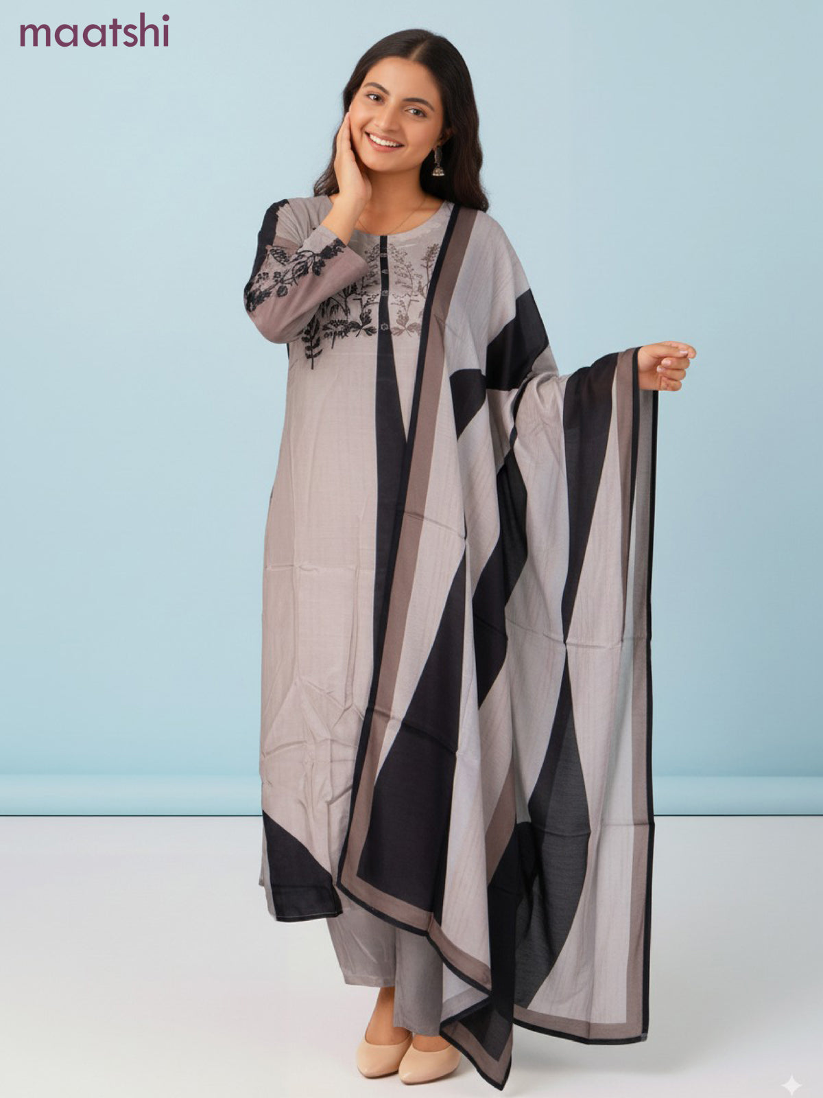 Muslin salwar suit mild peach shade with prints & sequin beaded work neck pattern and straight cut pant & dupatta