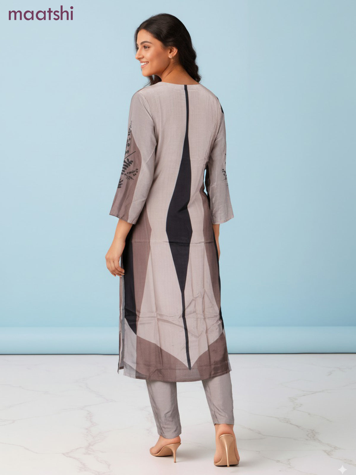 Muslin salwar suit mild peach shade with prints & sequin beaded work neck pattern and straight cut pant & dupatta