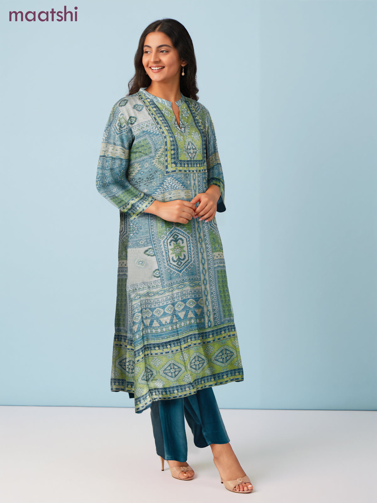 Anarkali salwar suit green with allover ikat prints & sequin beaded work neck pattern and straight cut pant & dupatta