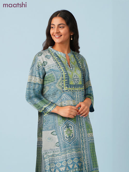 Anarkali salwar suit green with allover ikat prints & sequin beaded work neck pattern and straight cut pant & dupatta