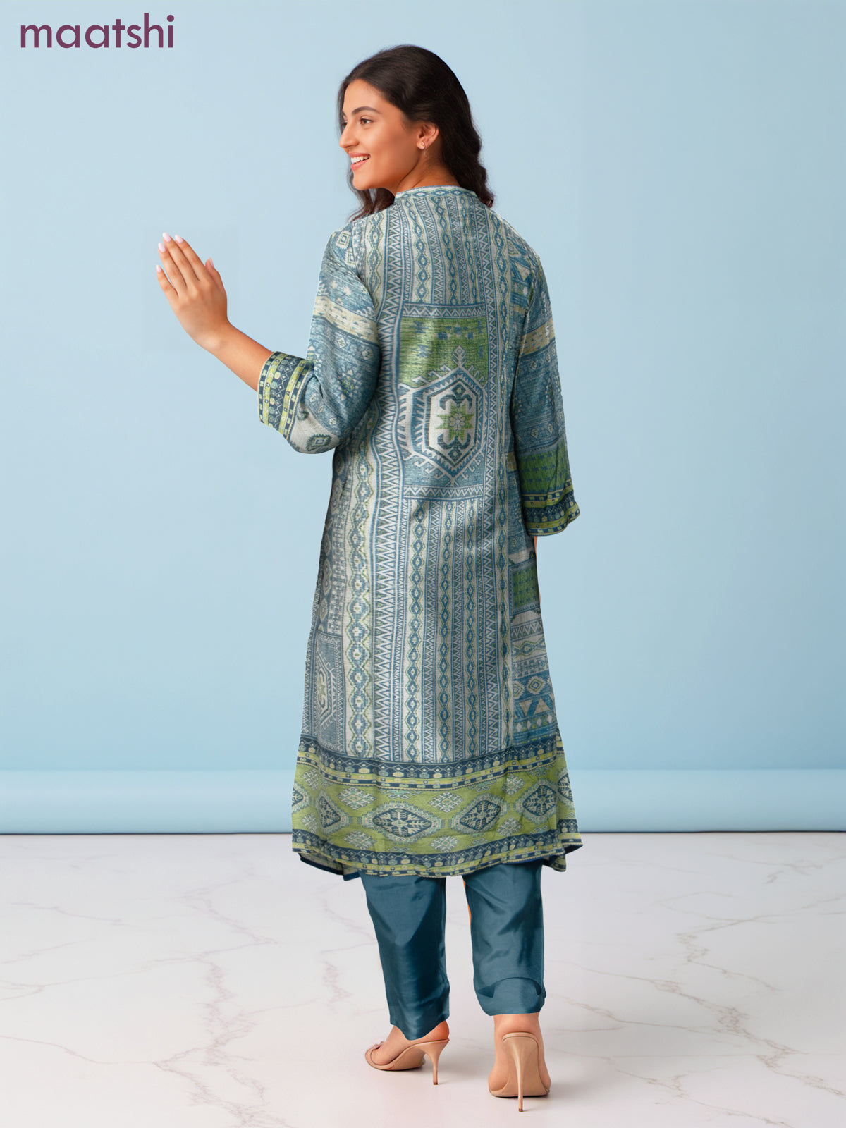 Anarkali salwar suit green with allover ikat prints & sequin beaded work neck pattern and straight cut pant & dupatta