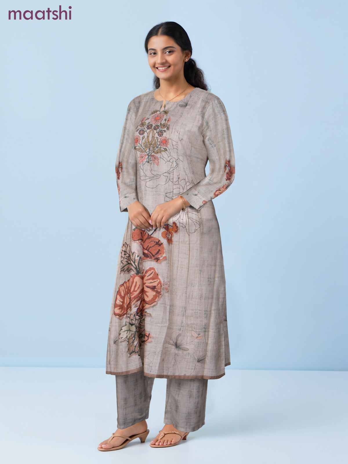 A-line salwar suit beige with prints & embroidery neck pattern and straight cut pant & dupatta