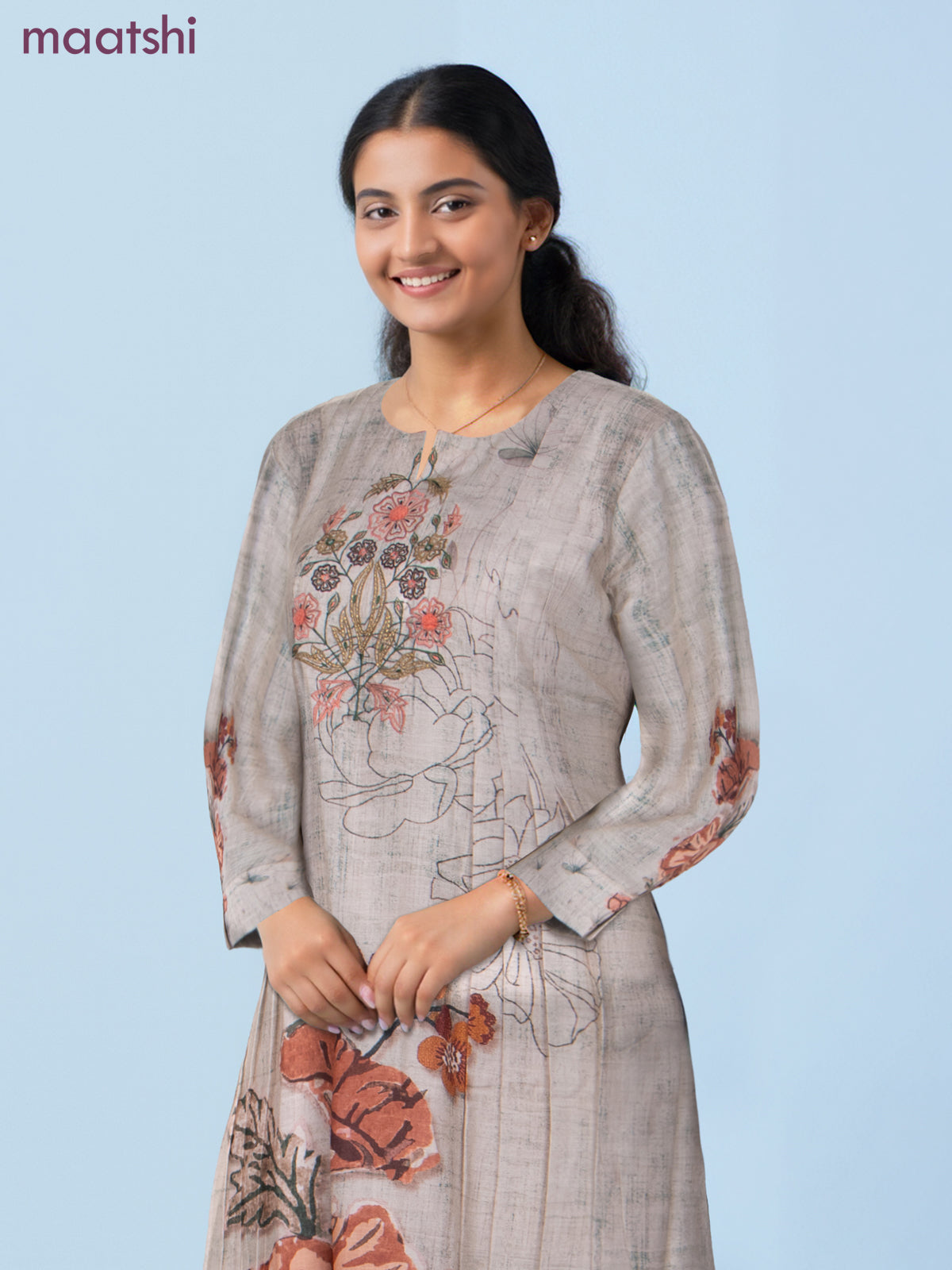 A-line salwar suit beige with prints & embroidery neck pattern and straight cut pant & dupatta