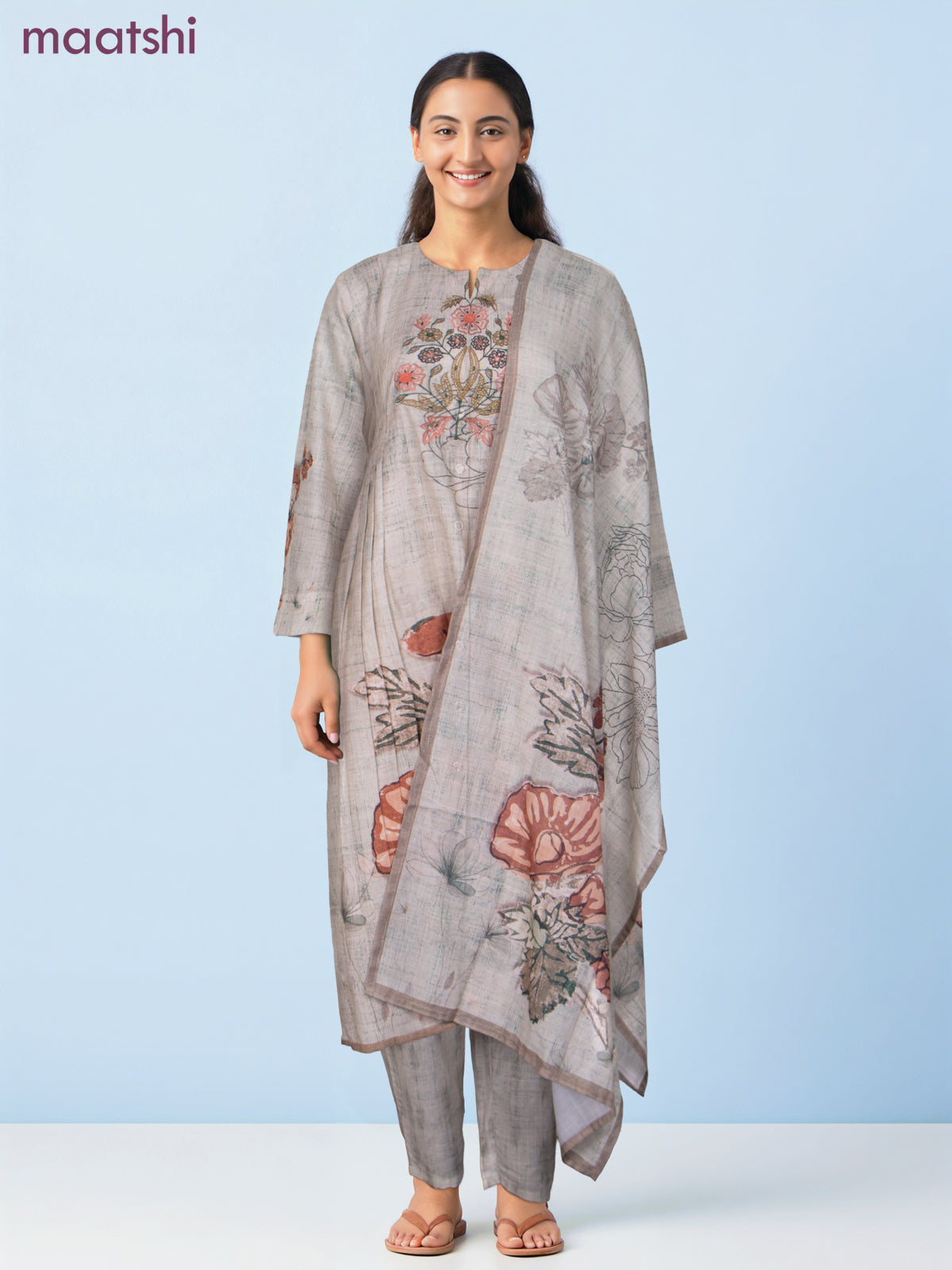 A-line salwar suit beige with prints & embroidery neck pattern and straight cut pant & dupatta