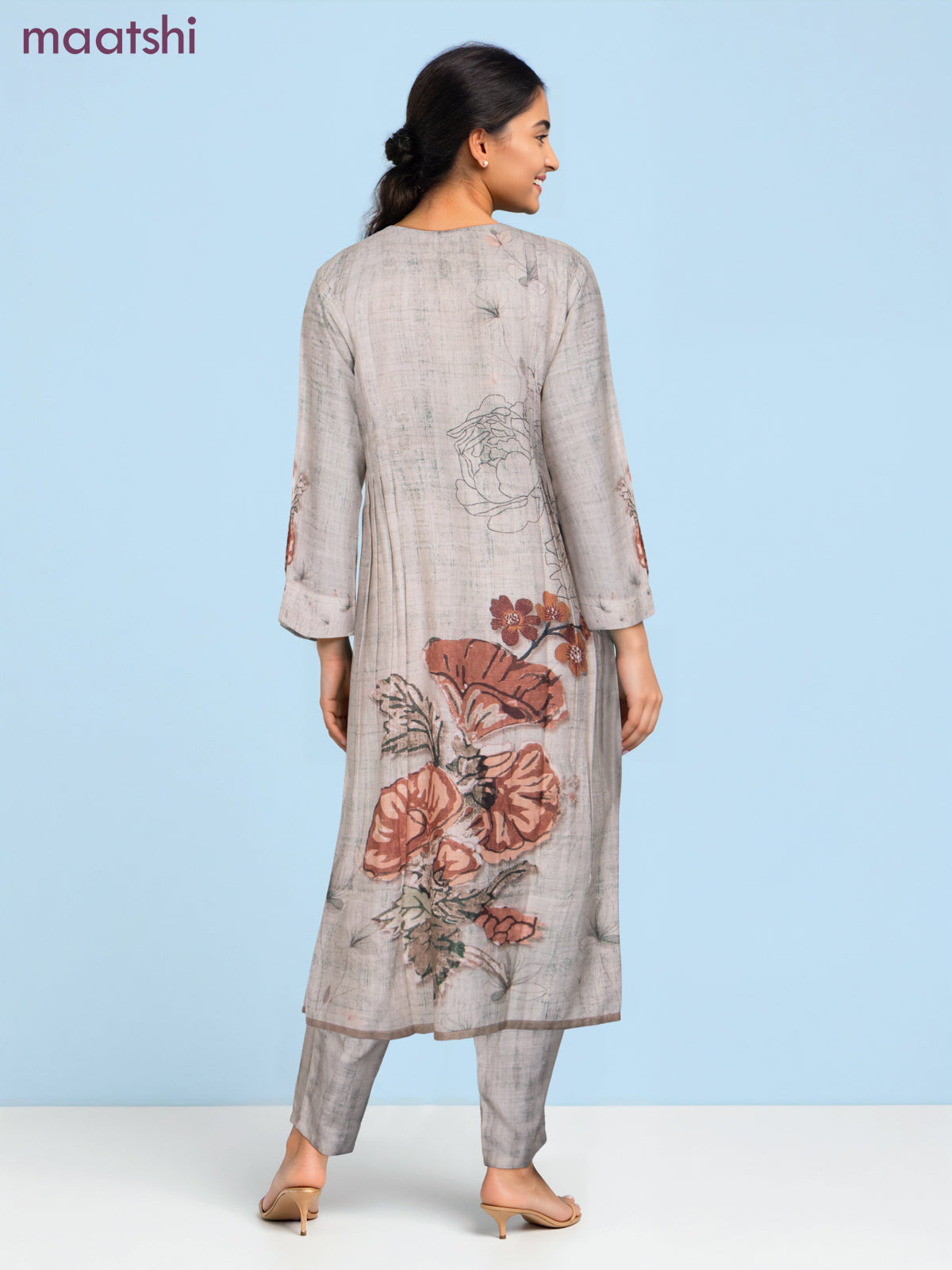 A-line salwar suit beige with prints & embroidery neck pattern and straight cut pant & dupatta