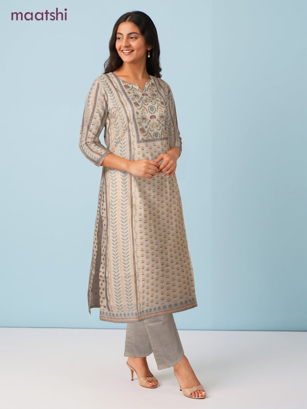 Cotton salwar suit cream with allover prints & sequin beaded work neck pattern and straight cut pant & dupatta