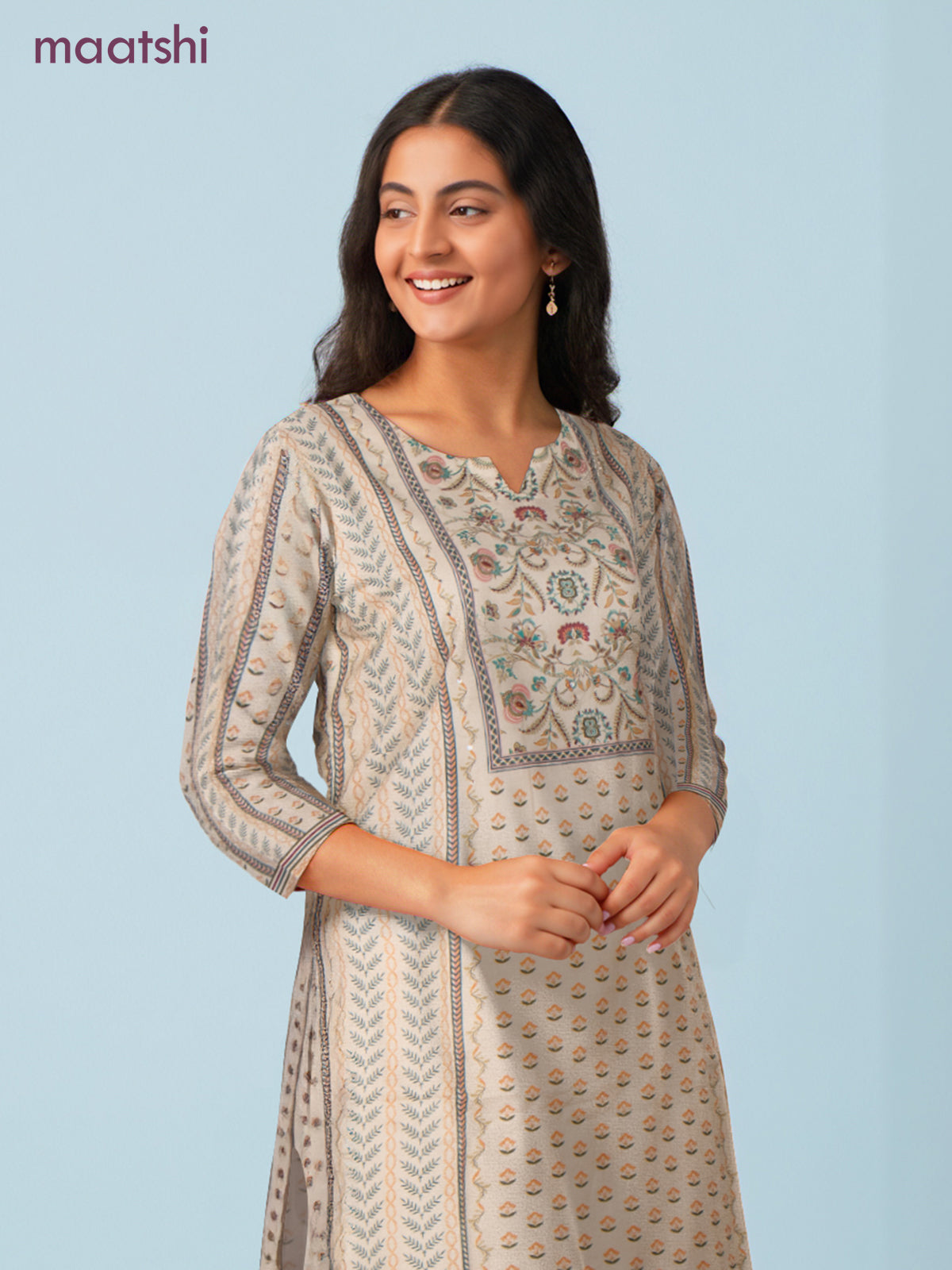 Cotton salwar suit cream with allover prints & sequin beaded work neck pattern and straight cut pant & dupatta