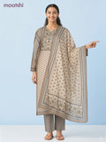 Cotton salwar suit cream with allover prints & sequin beaded work neck pattern and straight cut pant & dupatta