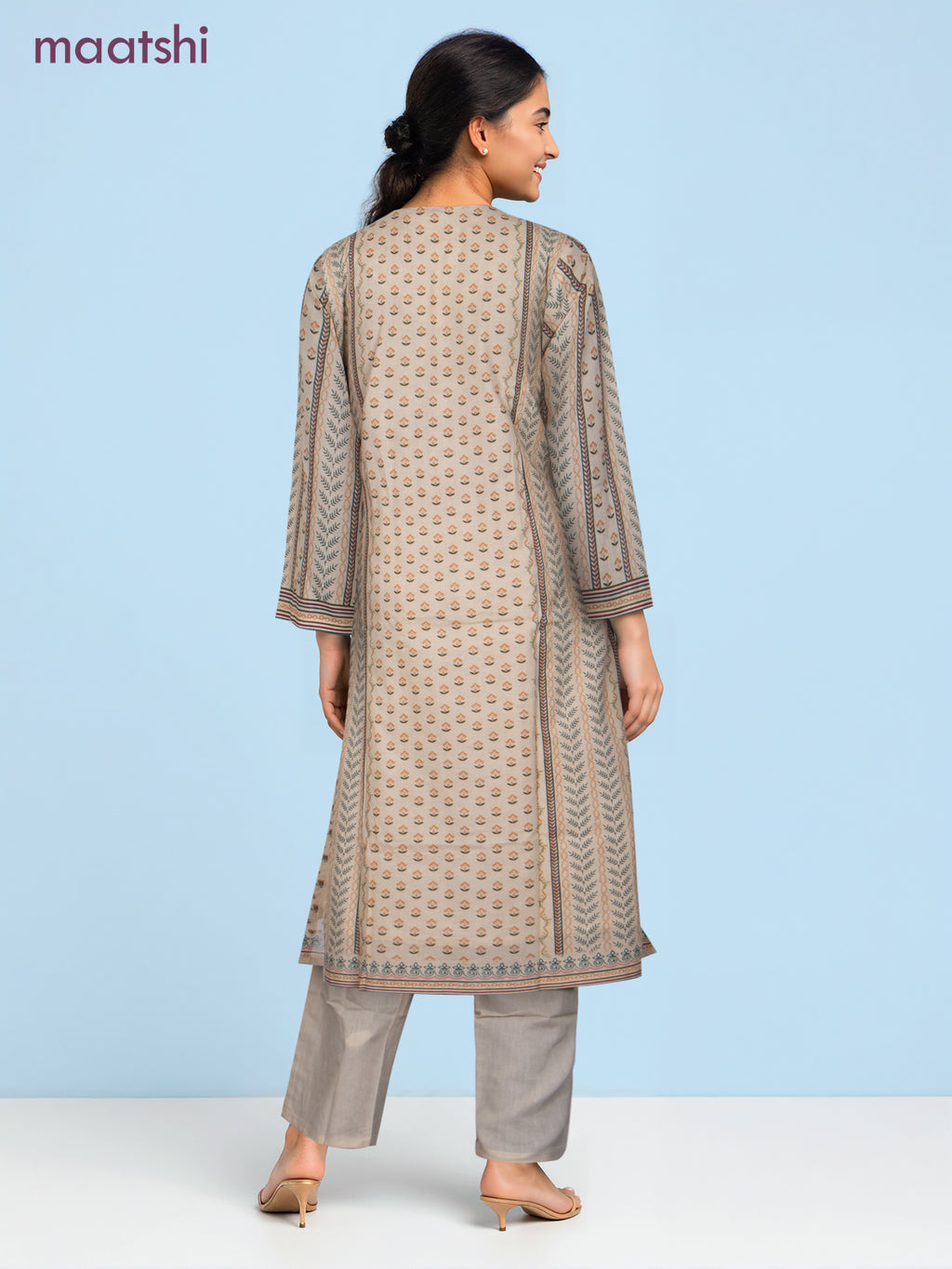 Cotton salwar suit cream with allover prints & sequin beaded work neck pattern and straight cut pant & dupatta