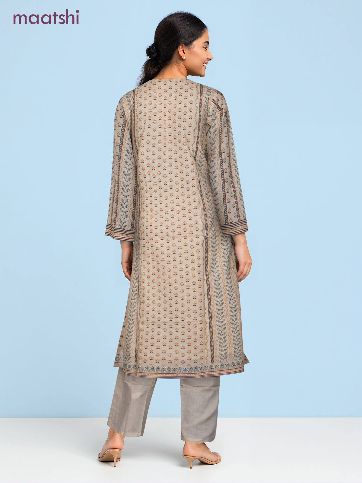 Cotton salwar suit cream with allover prints & sequin beaded work neck pattern and straight cut pant & dupatta