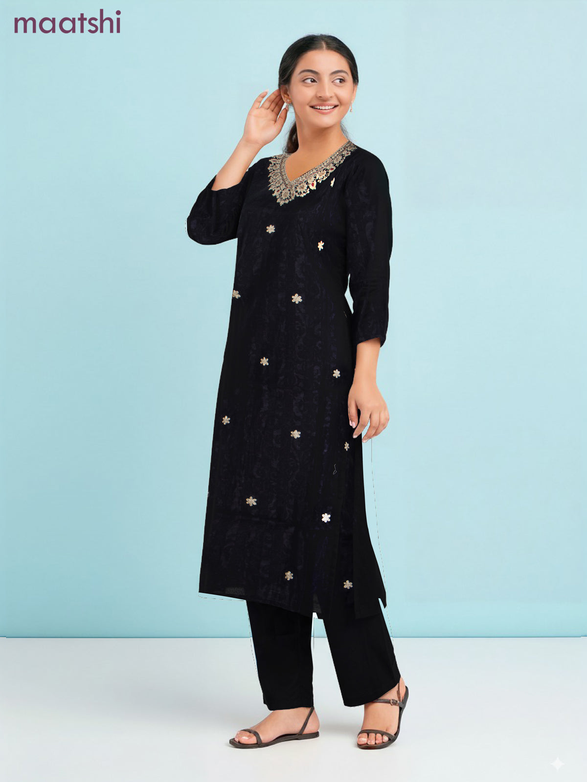 Modal salwar suit black with allover prints & embroidery work neck pattern and straight cut pant & dupatta