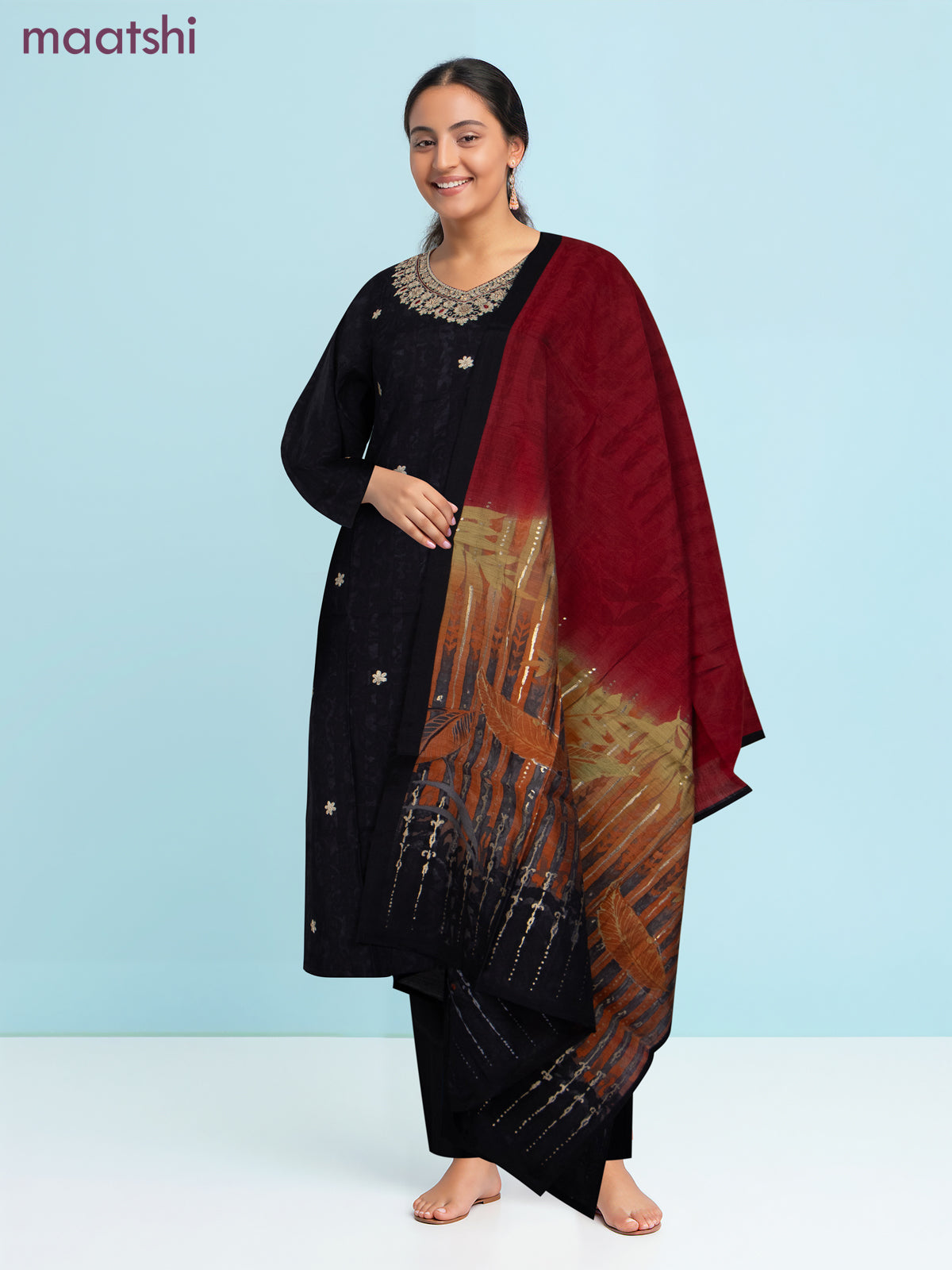 Modal salwar suit black with allover prints & embroidery work neck pattern and straight cut pant & dupatta