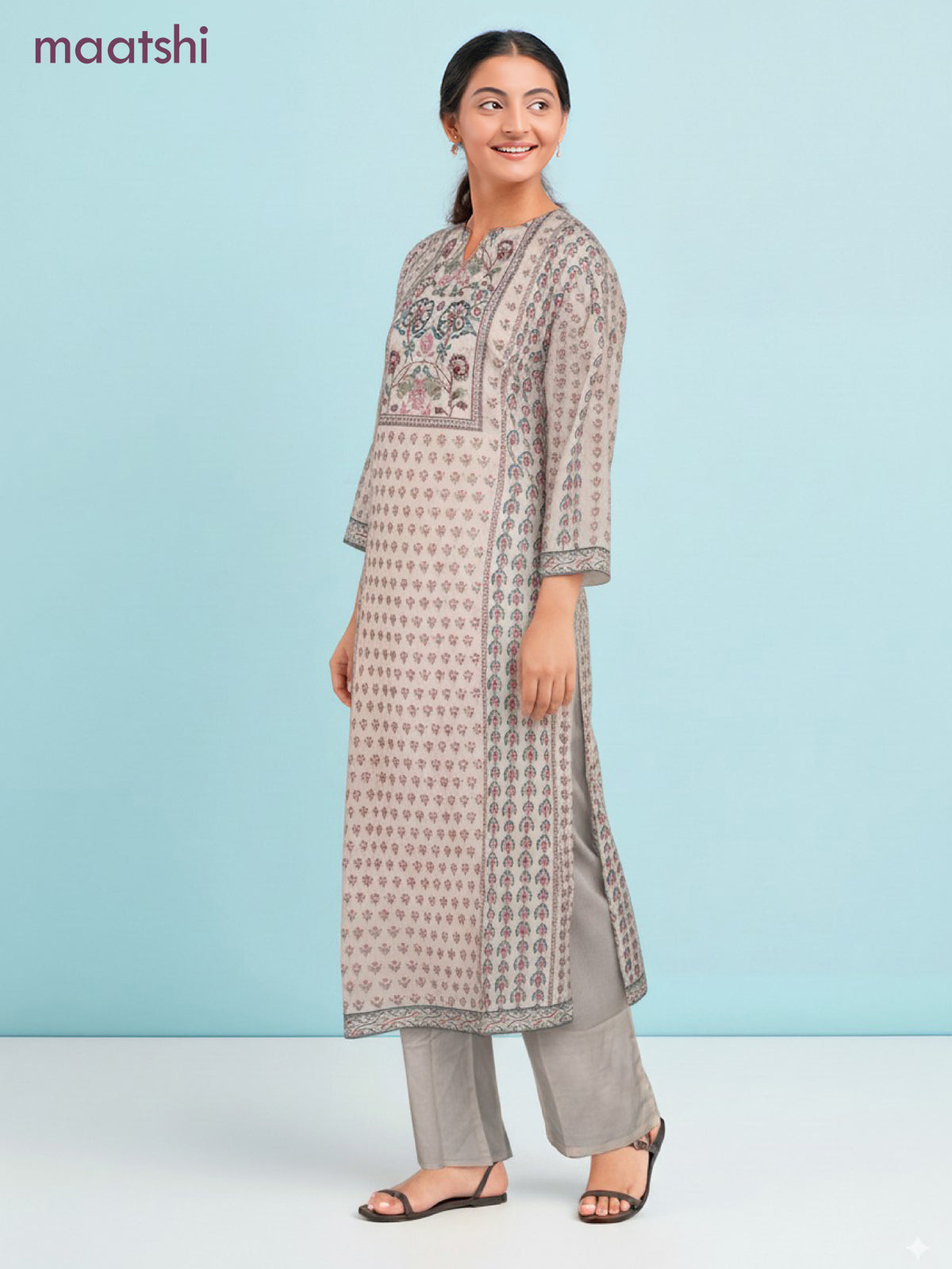 Cotton salwar suit beige with allover prints & sequin beaded work neck pattern and straight cut pant & dupatta