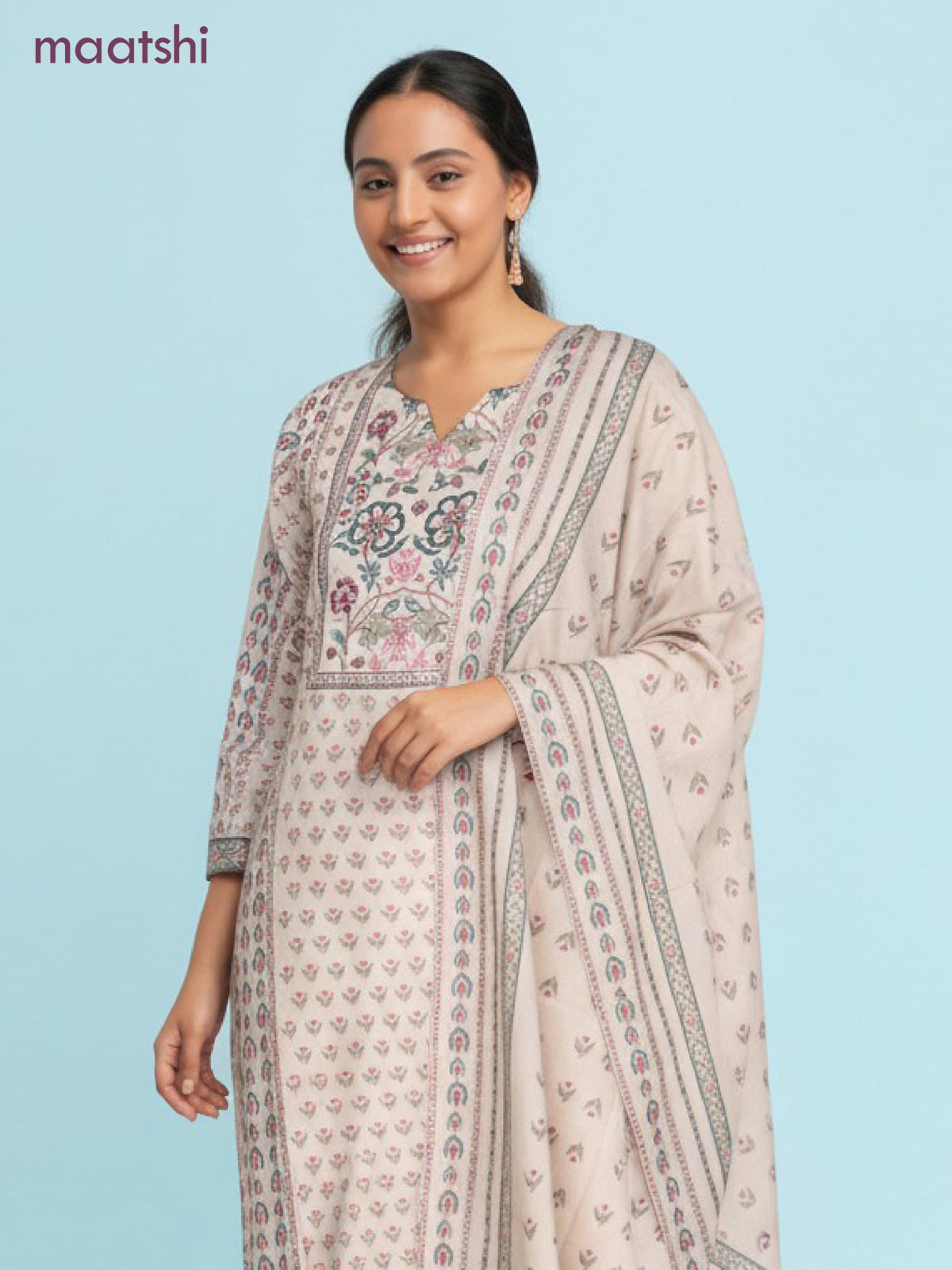 Cotton salwar suit beige with allover prints & sequin beaded work neck pattern and straight cut pant & dupatta