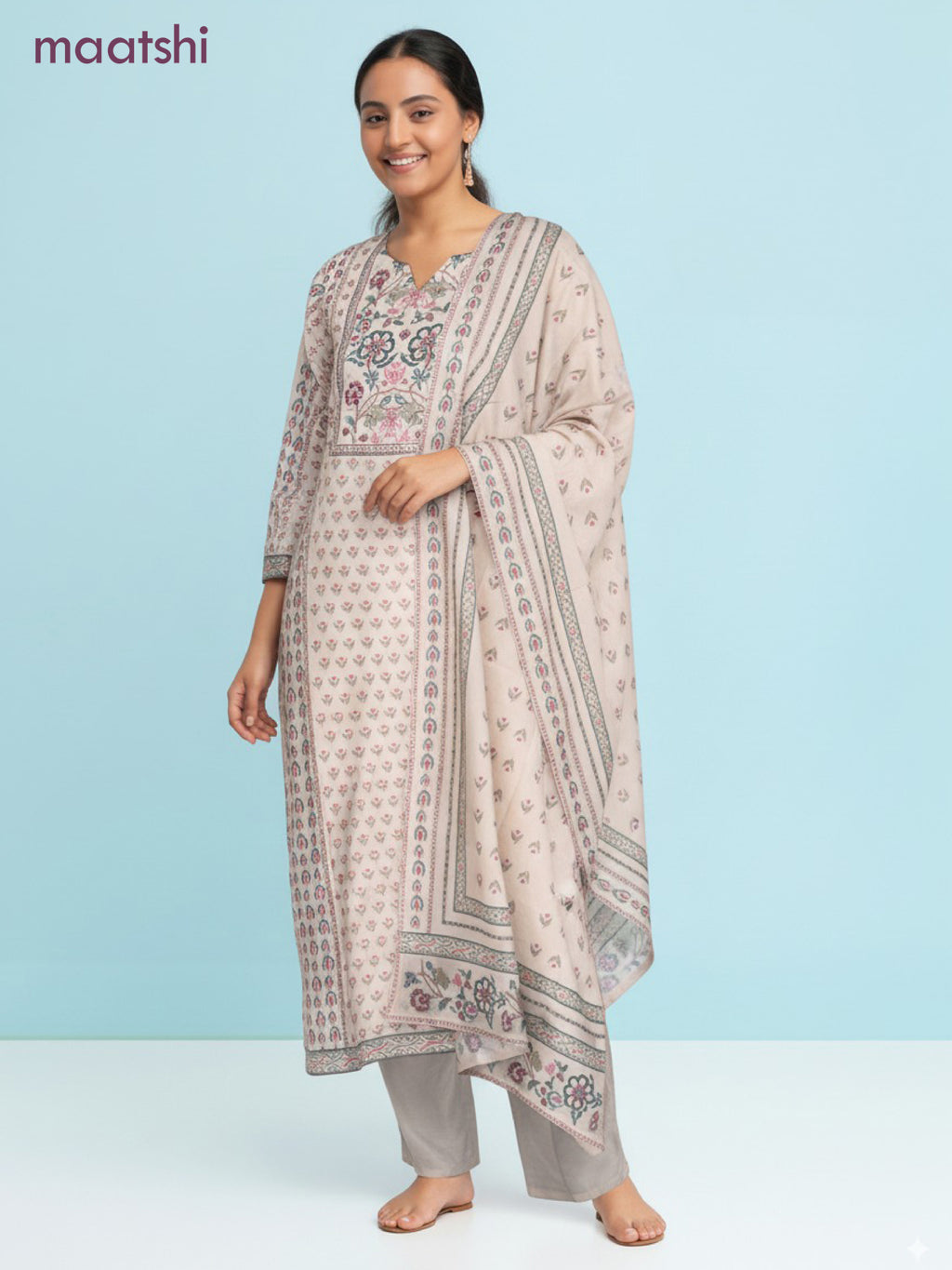 Cotton salwar suit beige with allover prints & sequin beaded work neck pattern and straight cut pant & dupatta