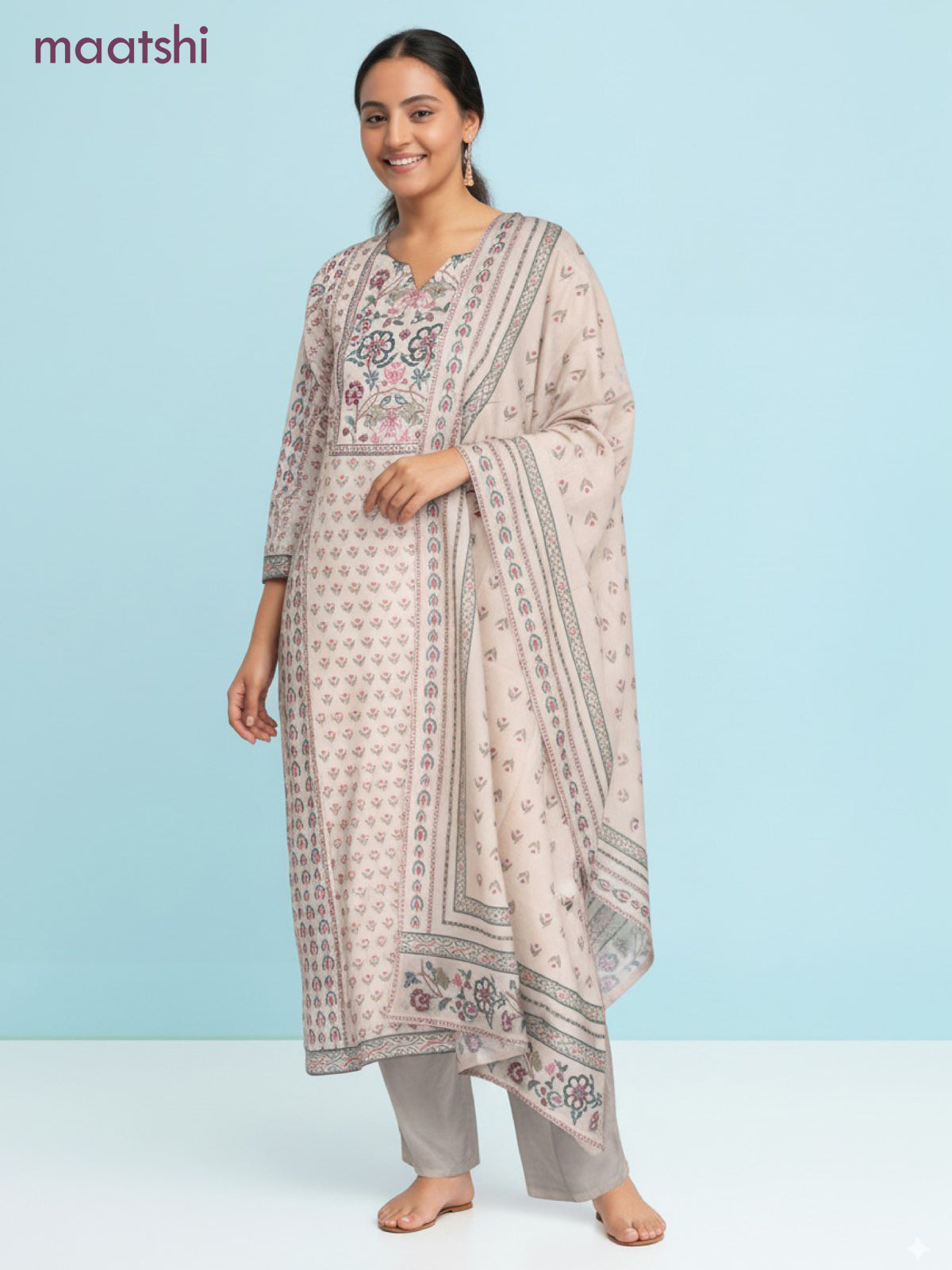 Cotton salwar suit beige with allover prints & sequin beaded work neck pattern and straight cut pant & dupatta