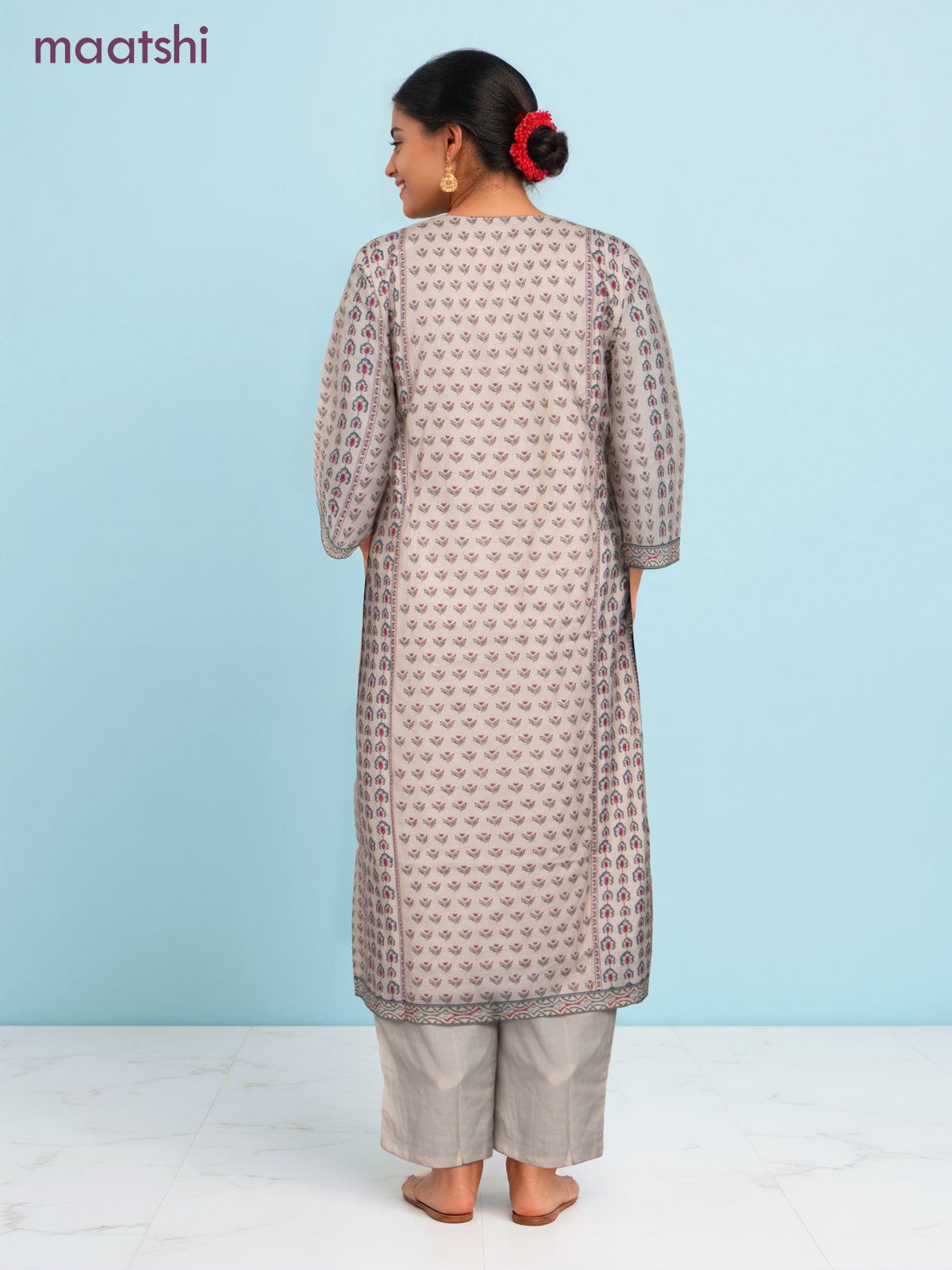 Cotton salwar suit beige with allover prints & sequin beaded work neck pattern and straight cut pant & dupatta