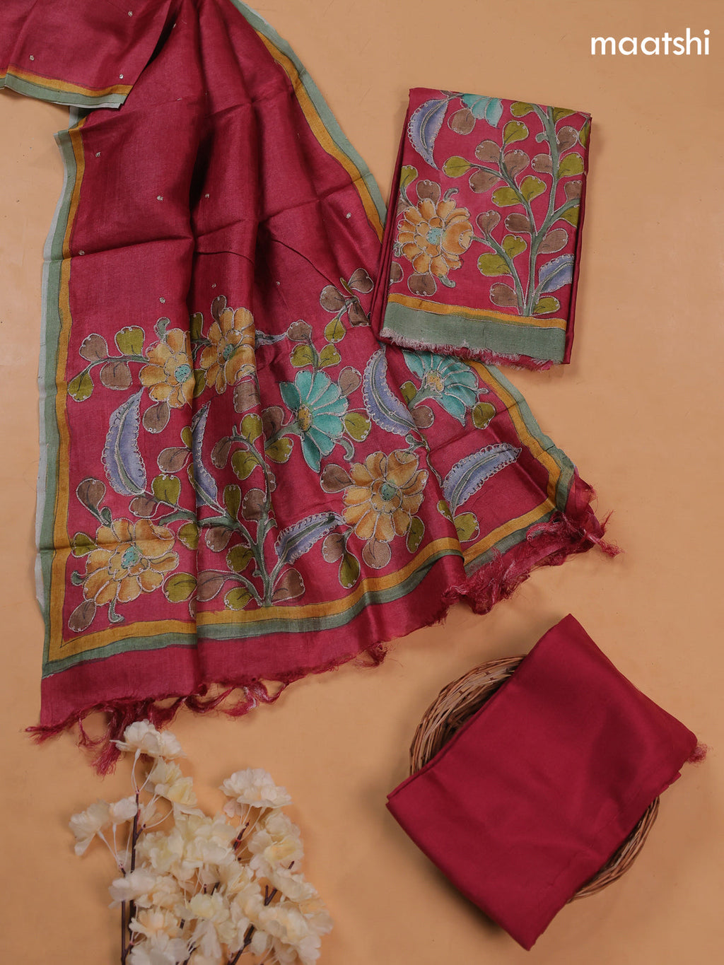 Reddish Pink Pure Tussar Dress Material With Floral Embroidery Work Pattern