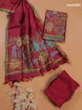 Reddish Pink Pure Tussar Dress Material With Floral Embroidery Work Pattern