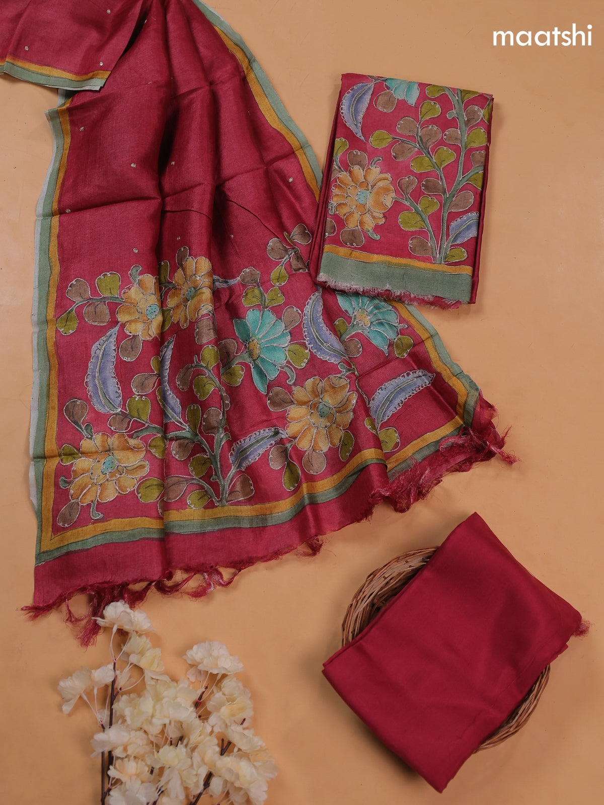 Reddish Pink Pure Tussar Dress Material With Floral Embroidery Work Pattern