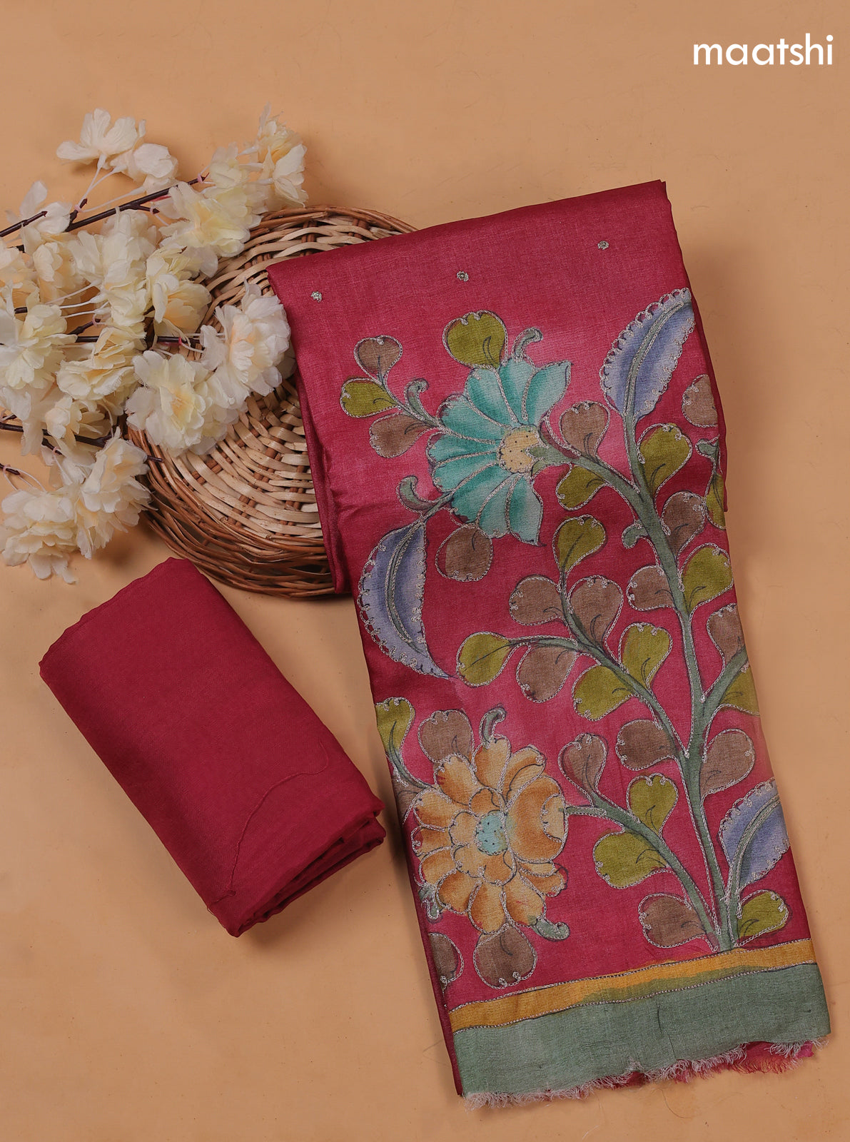 Reddish Pink Pure Tussar Dress Material With Floral Embroidery Work Pattern