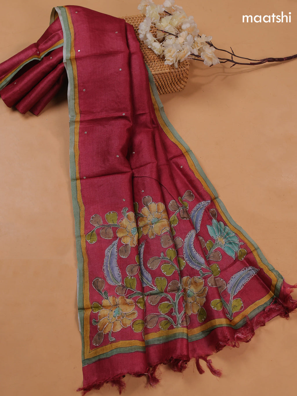 Reddish Pink Pure Tussar Dress Material With Floral Embroidery Work Pattern