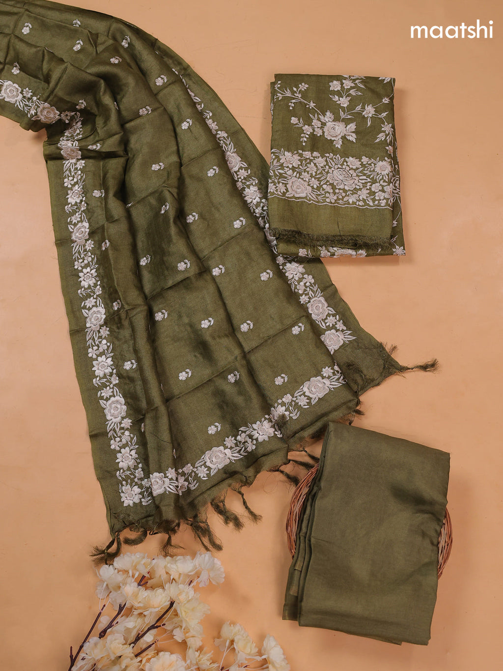 Mehendi Green Pure Tussar Dress Material With Floral Embroidery Work Pattern