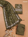 Mehendi Green Pure Tussar Dress Material With Floral Embroidery Work Pattern