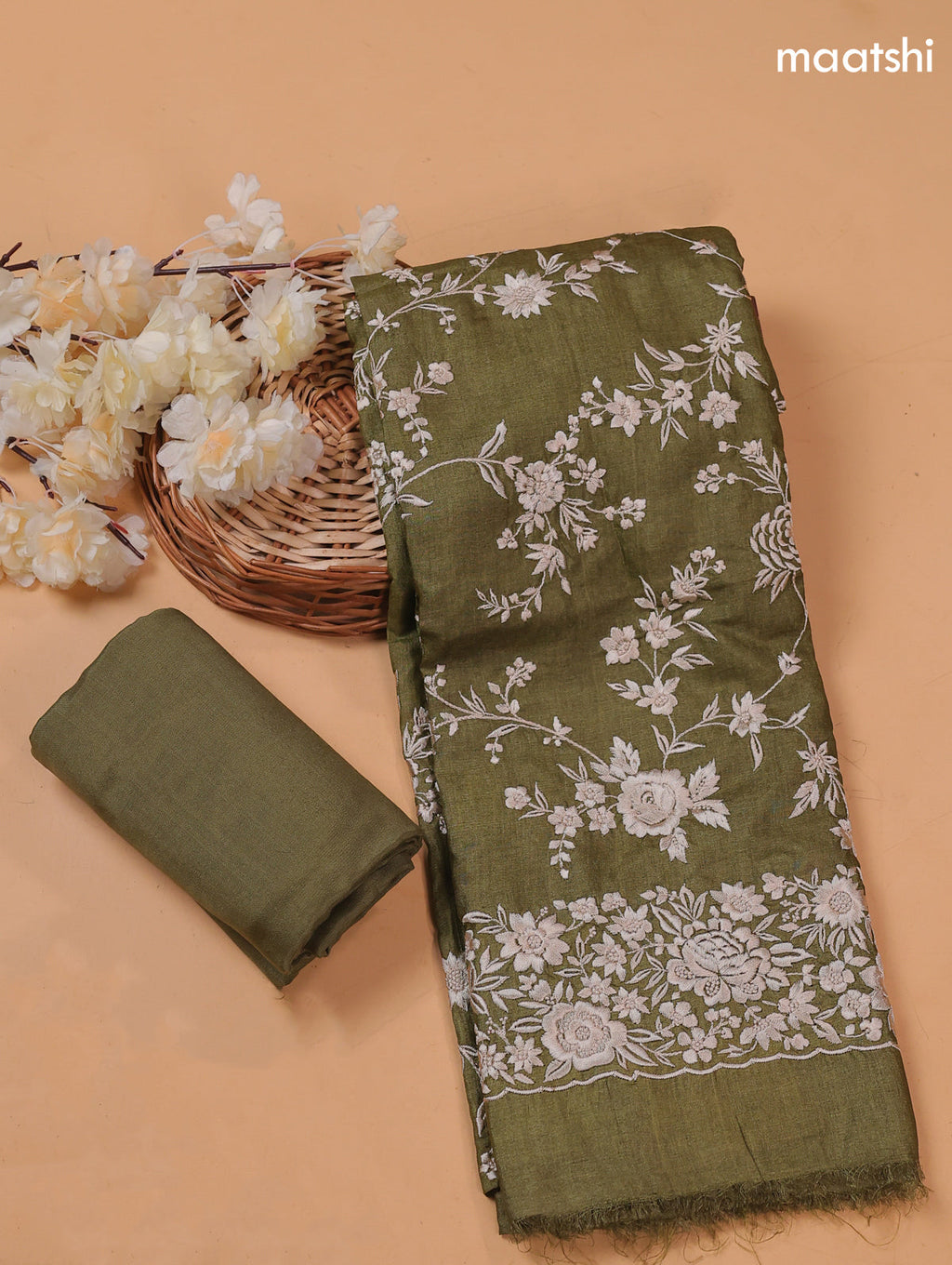 Mehendi Green Pure Tussar Dress Material With Floral Embroidery Work Pattern