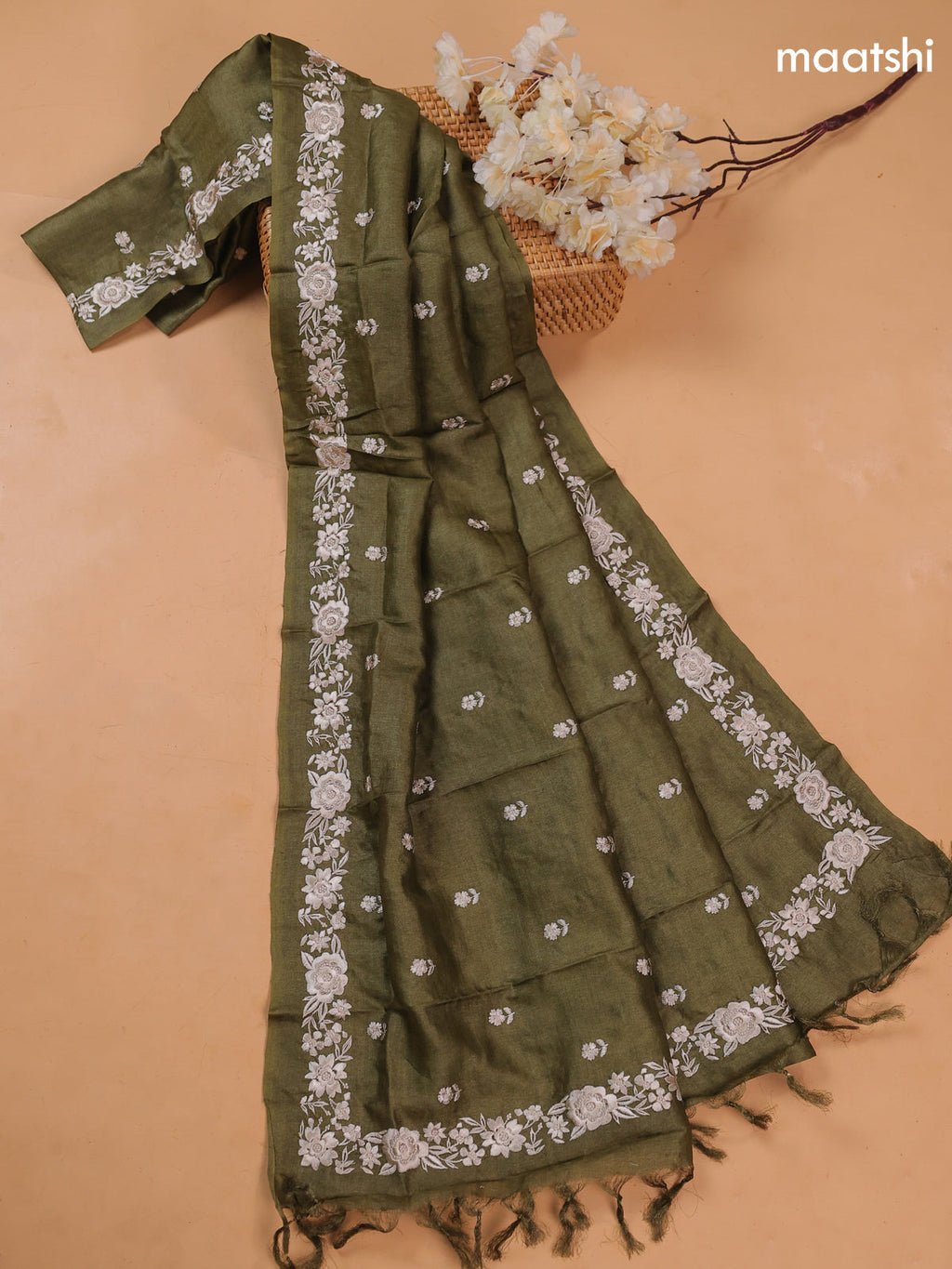 Mehendi Green Pure Tussar Dress Material With Floral Embroidery Work Pattern