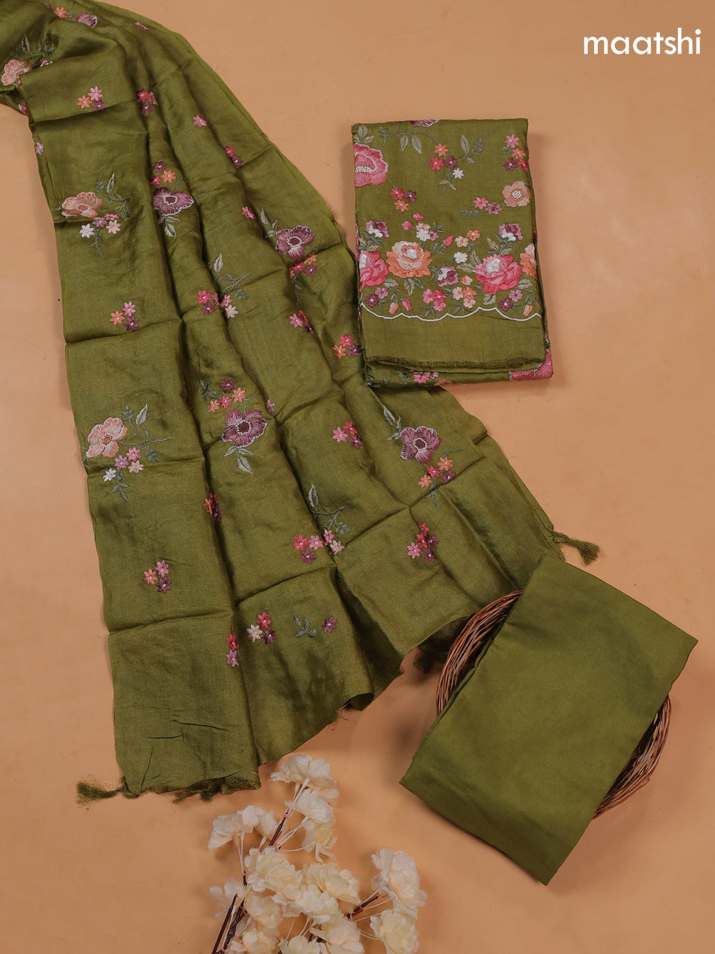 Green Pure Tussar Dress Material With Floral Embroidery Work Pattern
