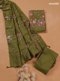 Green Pure Tussar Dress Material With Floral Embroidery Work Pattern